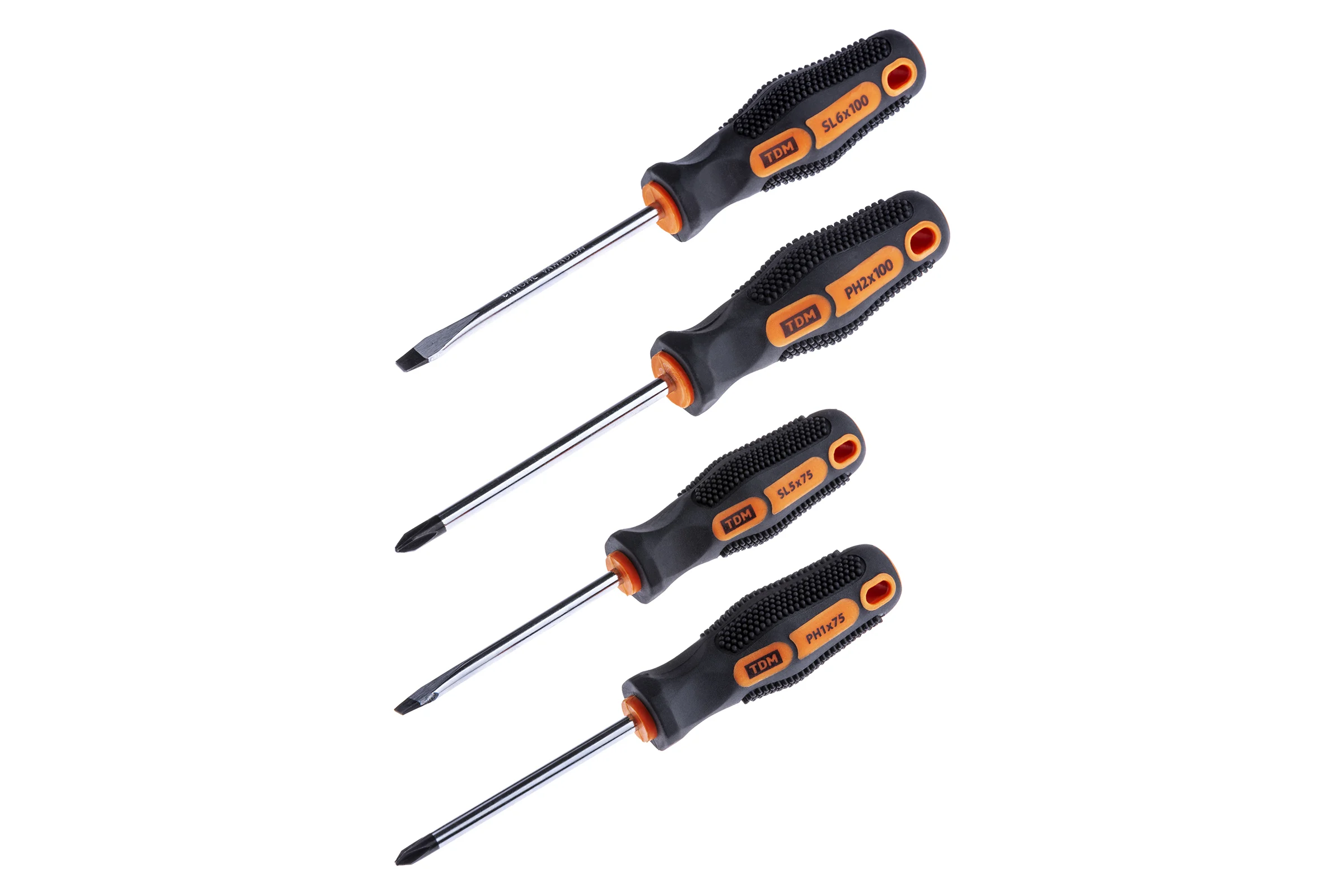 Набор отверток TDM ELECTRIC 4 штуки в блистаре SL5х75, SL6х100, PH1х75, PH2х100 серия"Алмаз" SQ1013-0201