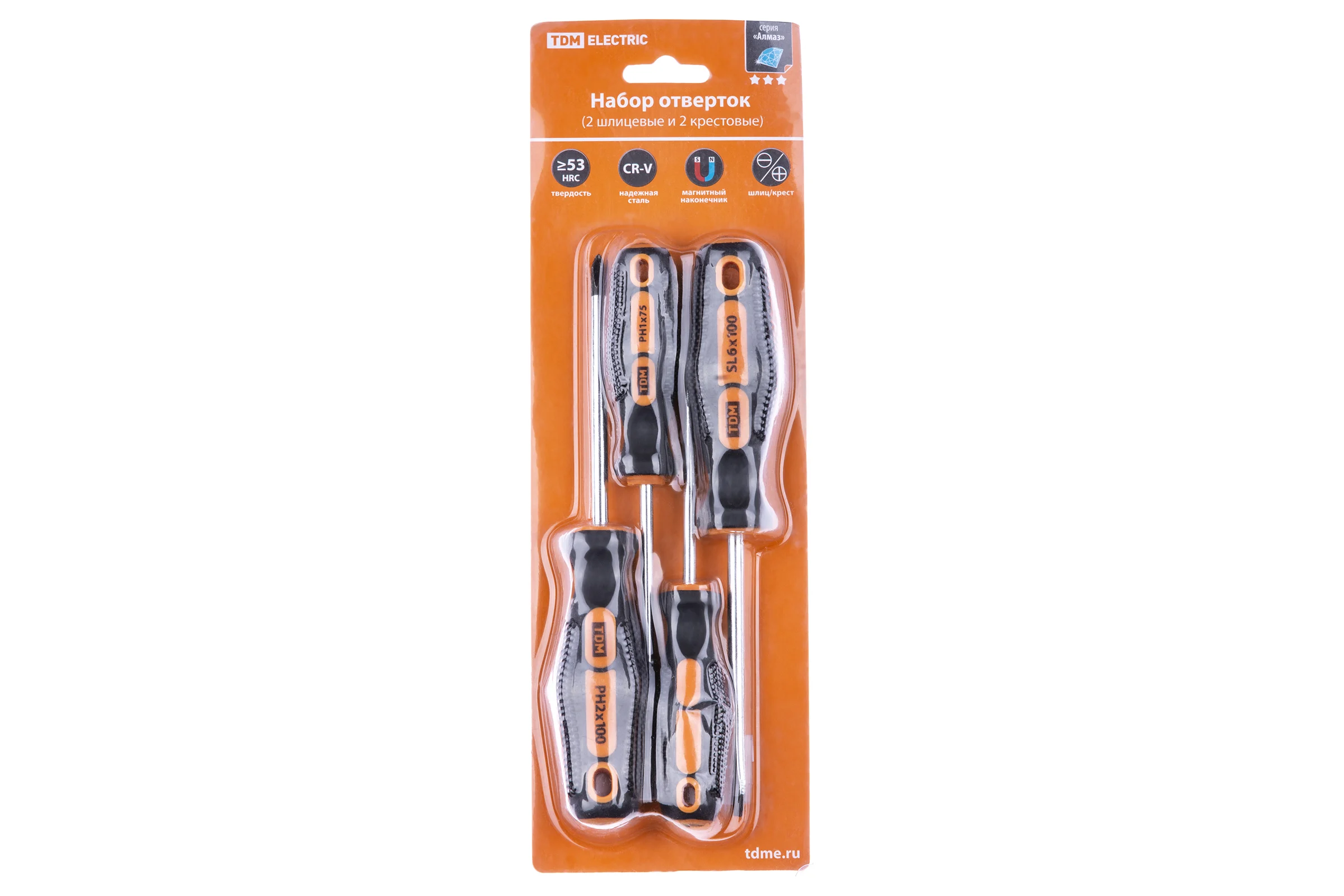 Набор отверток TDM ELECTRIC 4 штуки в блистаре SL5х75, SL6х100, PH1х75, PH2х100 серия"Алмаз" SQ1013-0201