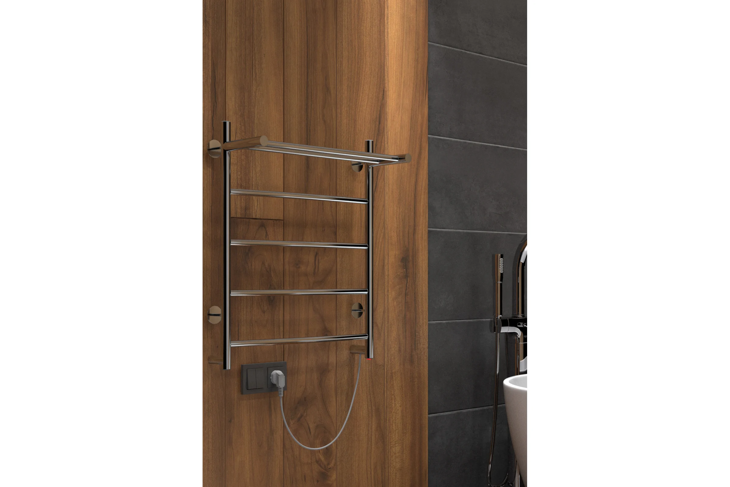 Полотенцесушитель INDIGO Arc electro с полкой, 60/50 (скр.монтаж, унив.подкл.R/L, полиров.) LCAE60-50PR