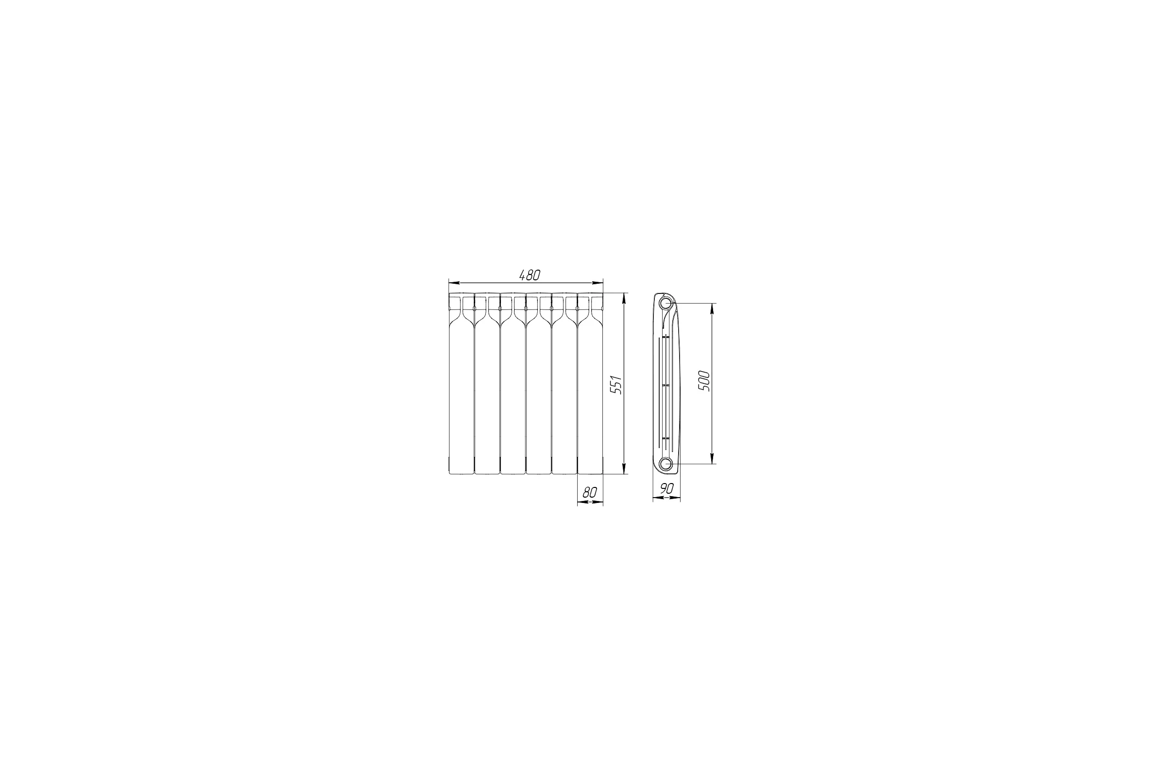Биметаллический радиатор Теплоприбор, 6 секций, обогрев 11,4 м², BR1-500/06