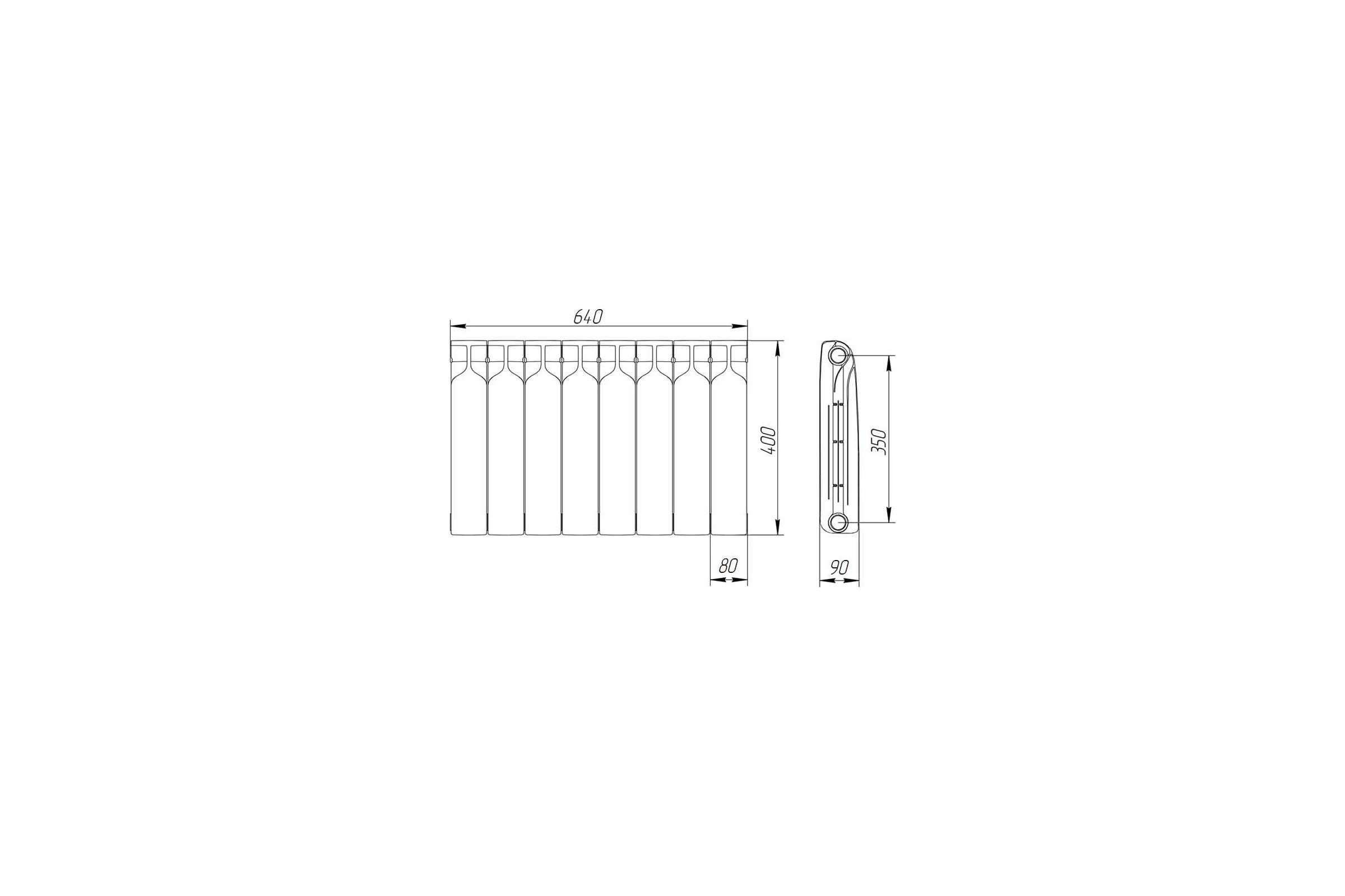 Биметаллический радиатор Теплоприбор, 8 секций, обогрев 10,7 м², BR1-350/08