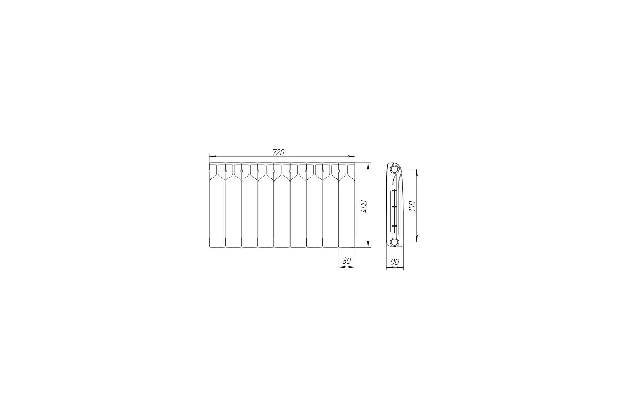 Биметаллический радиатор Теплоприбор, 9 секций, обогрев 12 м², BR1-350/09
