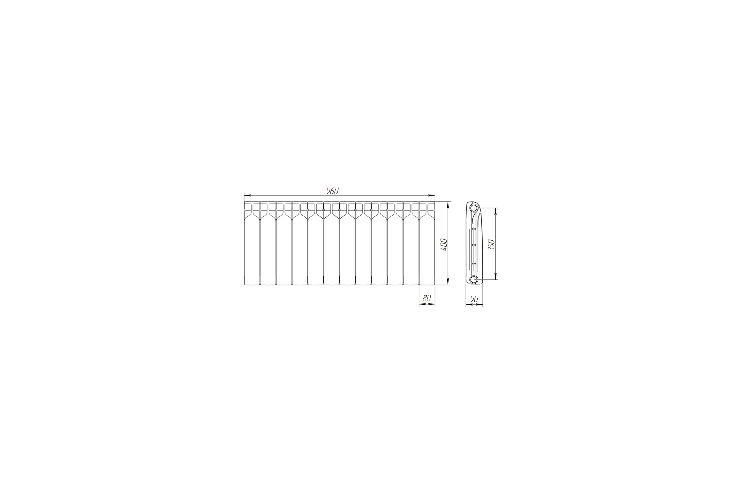 Биметаллический радиатор Теплоприбор, 12 секций, обогрев 16м², BR1-350/12