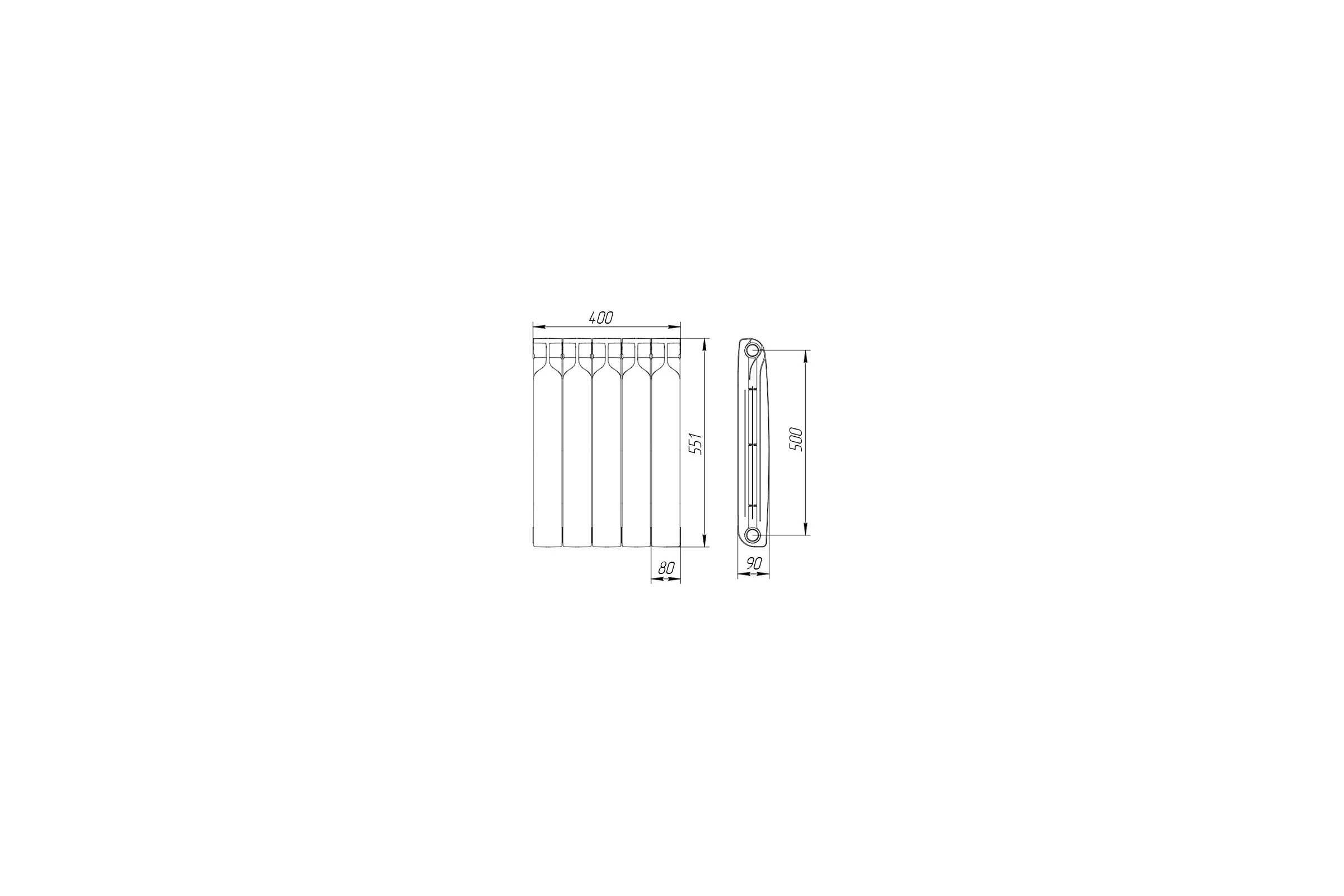 Биметаллический радиатор Теплоприбор, 5 секций, обогрев 9,5 м², BR1-500/05
