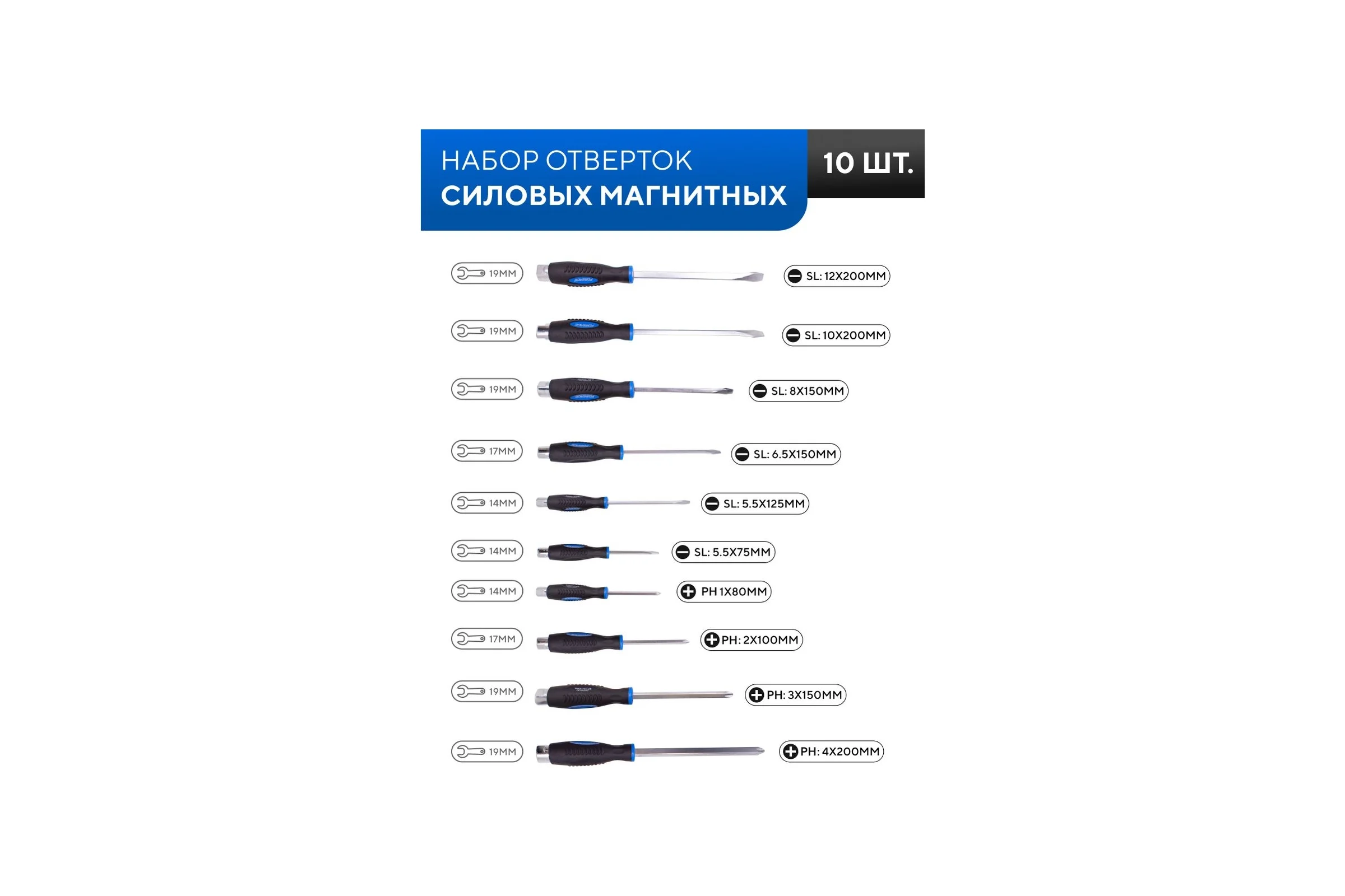 Набор силовых магнитных отверток Forsage Profi S2, 10пр F-2108(28274)