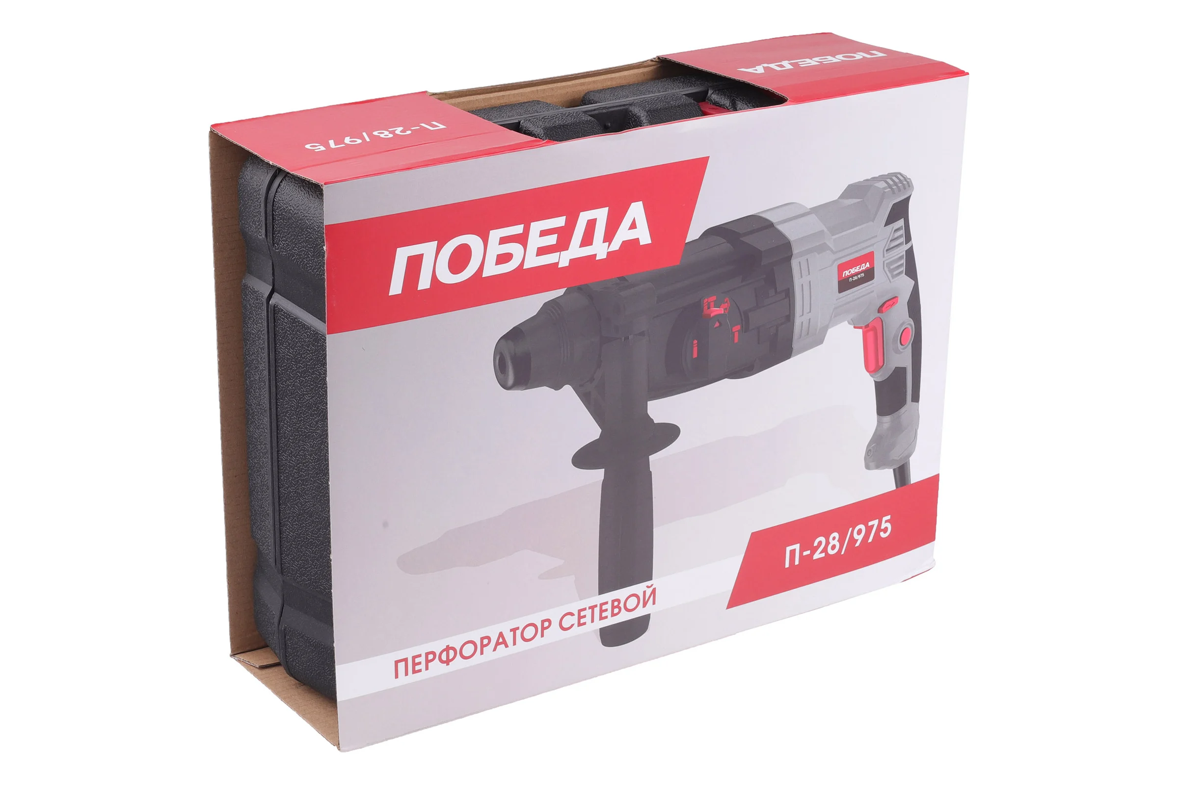 Перфоратор ПОБЕДА П-28 975 SDS+ 975 Вт макс диаметр бурения 28 мм, 1200 об мин, 5300 уд/мин, дополнительная рукоятка глубиномер, кейс 140300985