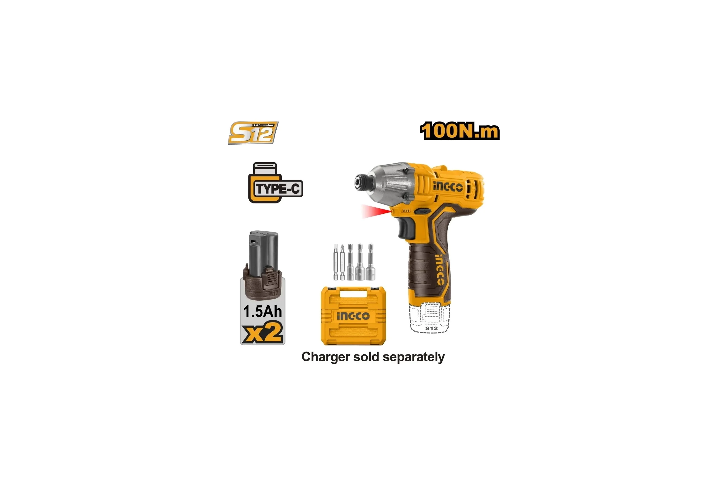 Аккумуляторный импульсный шуруповерт INGCO 12 В, 100 Нм, USB type-C CIRLI12015