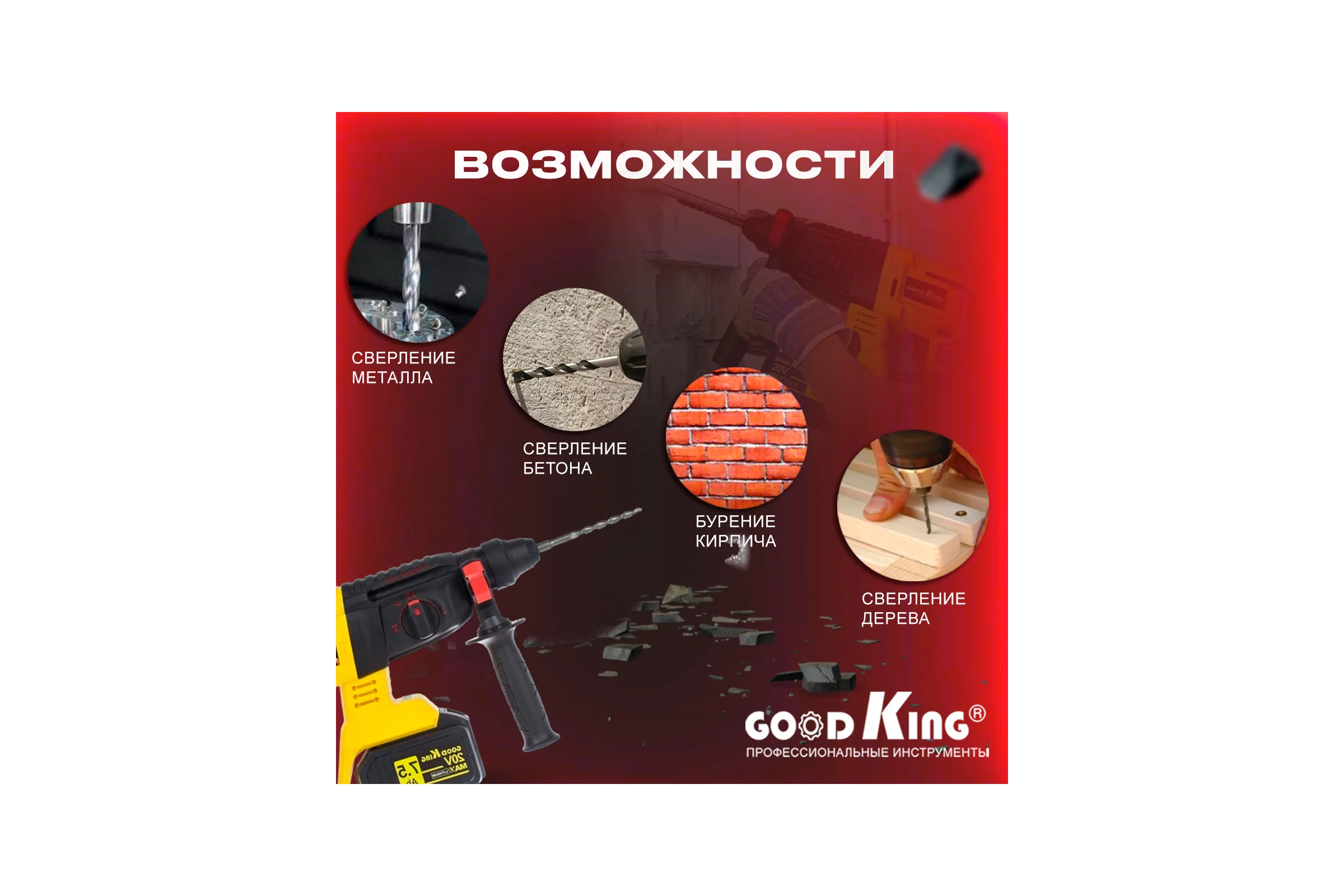 Аккумуляторный перфоратор GOODKING EP-207501, 2 аккумулятора EP-207502