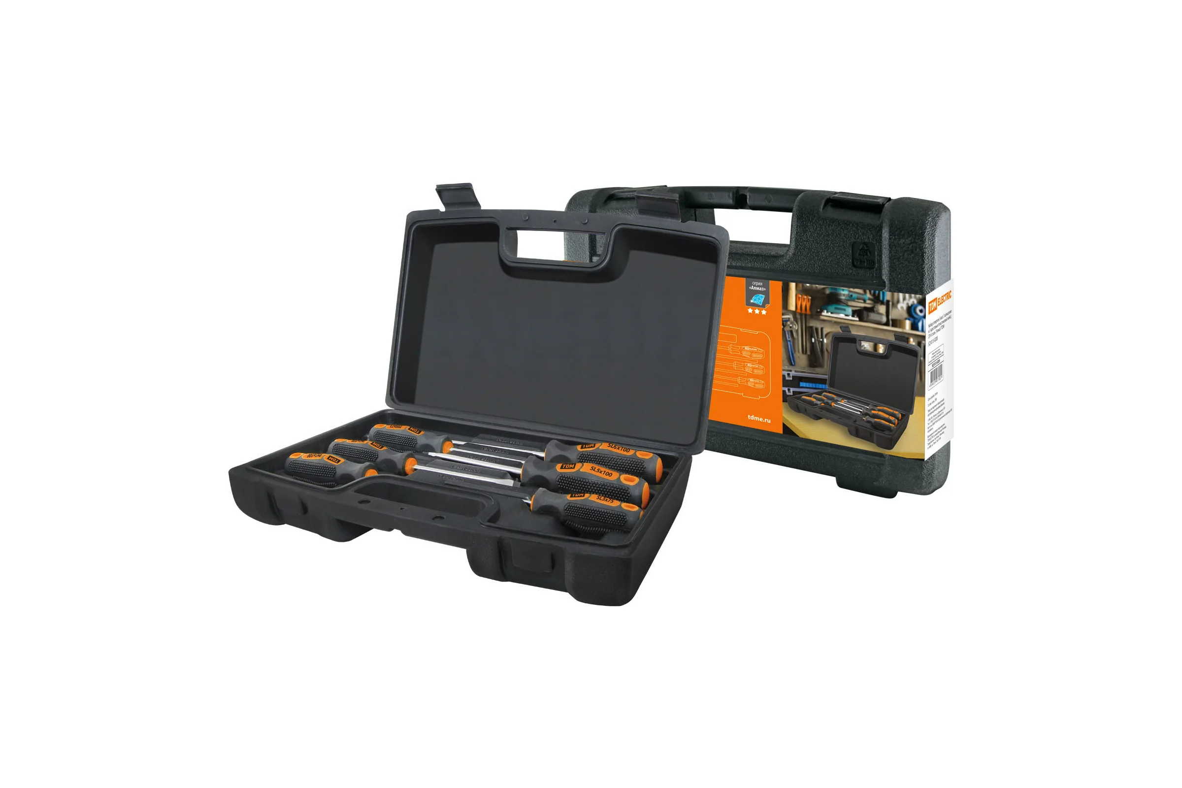 Набор отверток TDM ELECTRIC 6 штук в пластиковом чемодане SL:3x75;5x100;6x100, PH:0х75;1x100;2x100 серия "Алмаз" SQ1013-0205