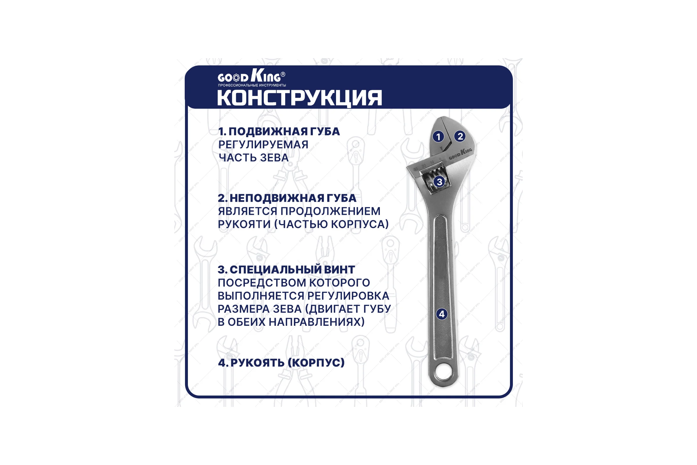 Разводной гаечный ключ для сантехники GOODKING 10" 250 мм KR-10