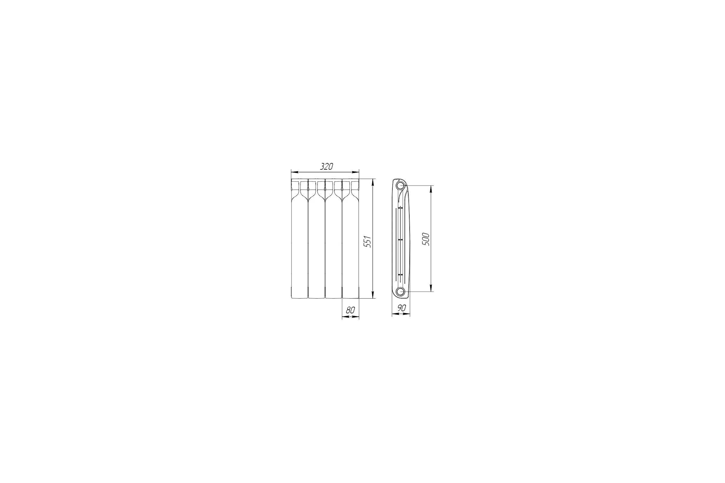 Биметаллический радиатор Теплоприбор, 4 секции, обогрев 7,6 м², BR1-500/04