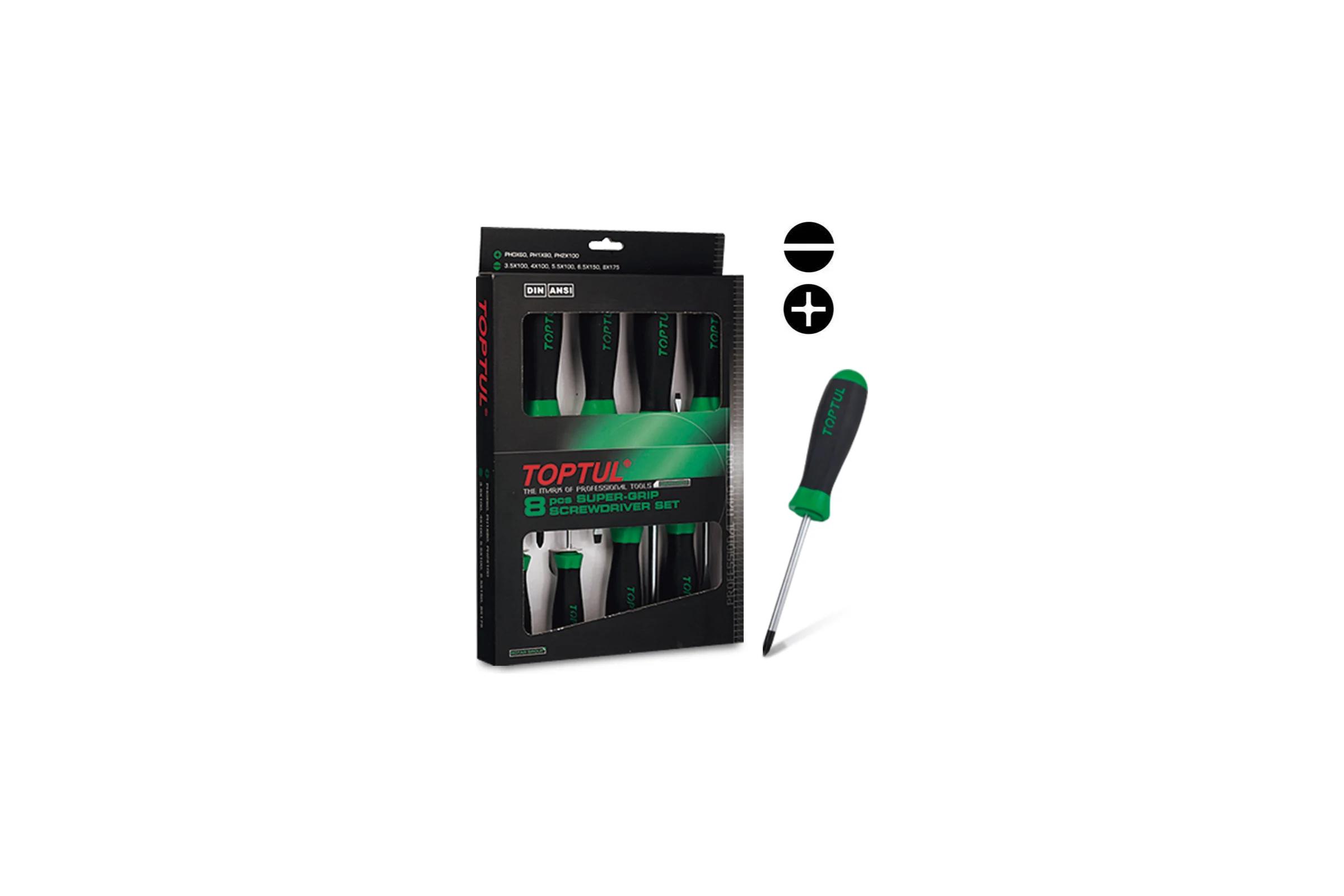 Набор отверток (крест и шлиц) TOPTUL серии Super-Grip, 8 предметов в картоне, GAAE0807
