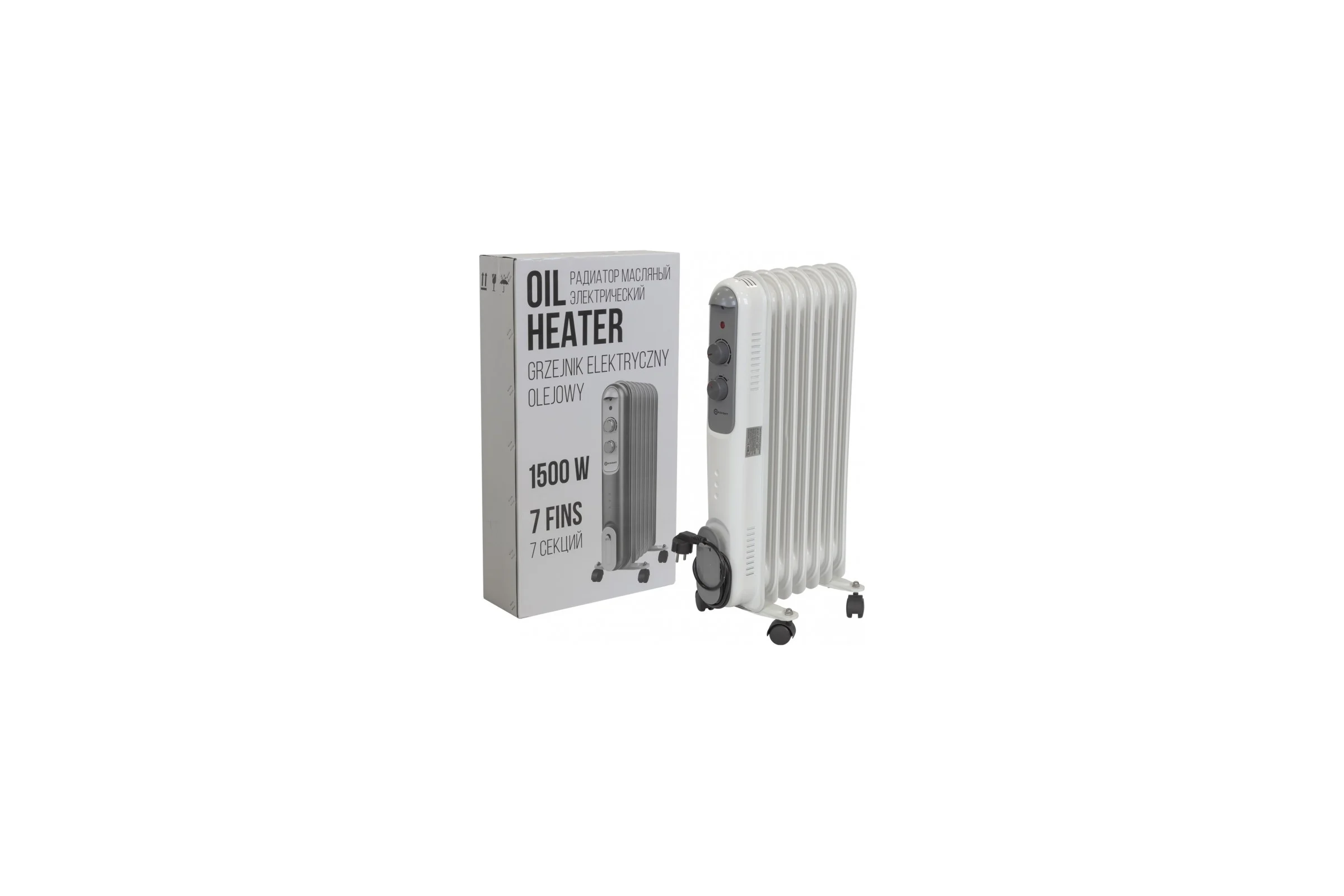 Радиатор масляный электрический Forcekraft 220-240V,50/60 Гц, 1500Вт, 7 секций 11x58 см, 3 режима нагрева, защ. от перегрева, 33x24x62.5 см FK-YL-B14E-7(52333)