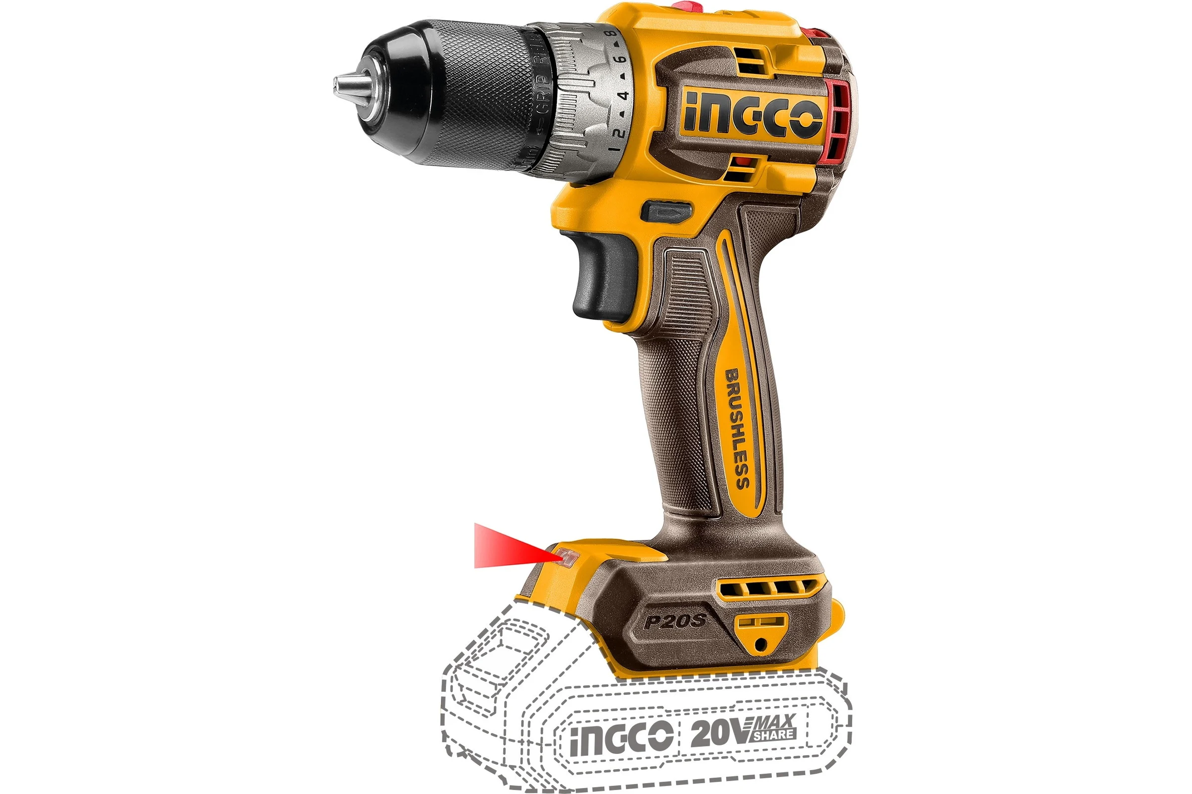 Аккумуляторный бесщеточный шуруповерт INGCO INDUSTRIAL 20B, 60 Нм Li-ion CDLI20602