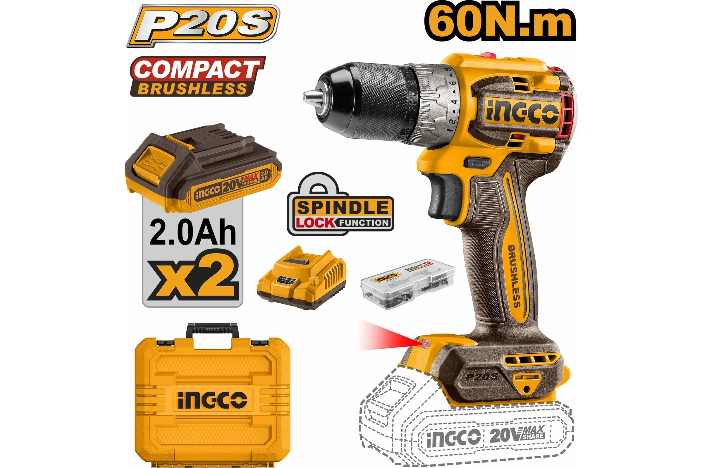 Аккумуляторный бесщеточный шуруповерт INGCO INDUSTRIAL 20B, 60 Нм Li-ion CDLI20602