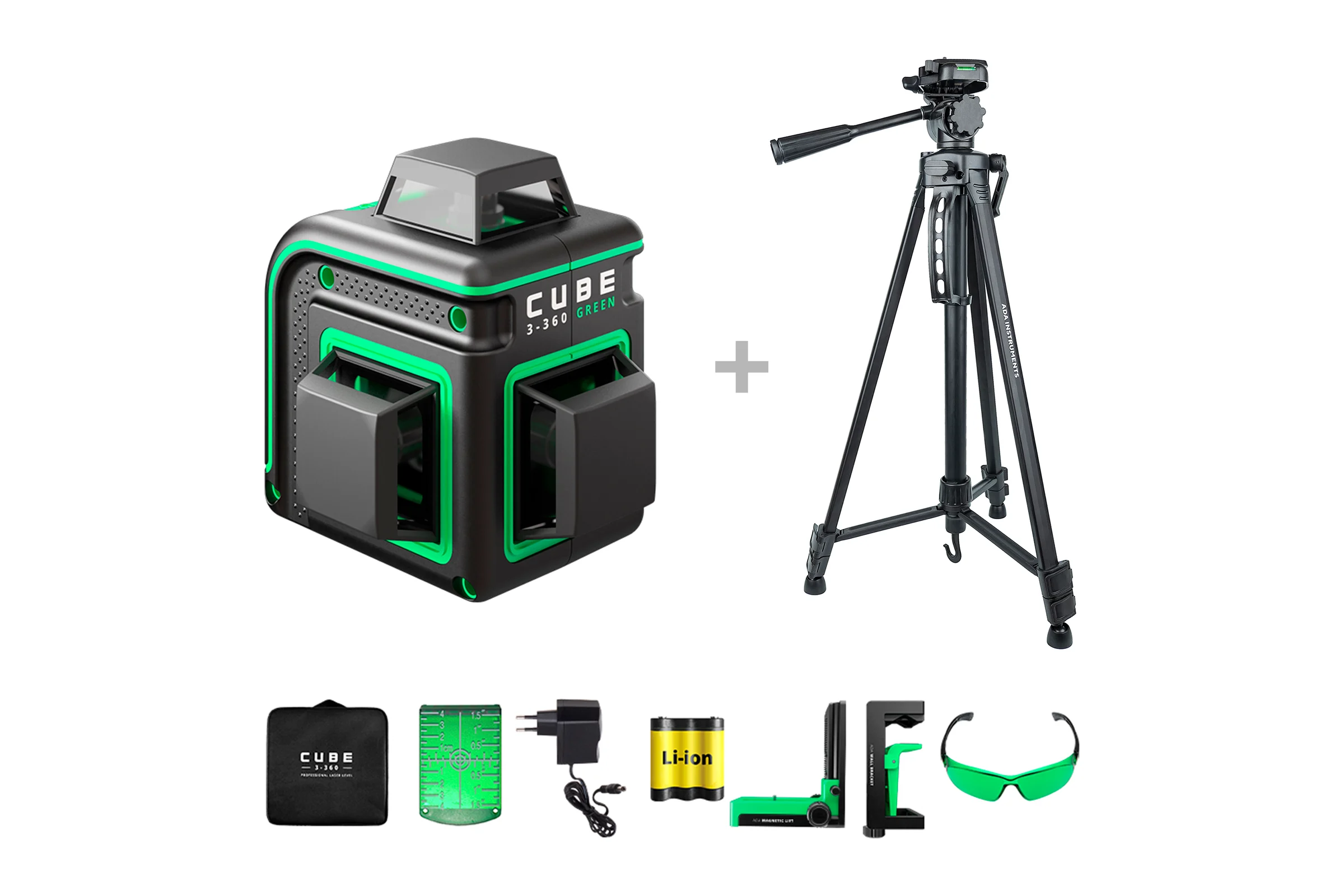 Лазерный уровень ADA КОМПЛЕКТ  CUBE 3-360 GREEN Home Еdition + Штатив телескопический с резьбой 1/4 дюйма Digit 167 (167 см) А00738