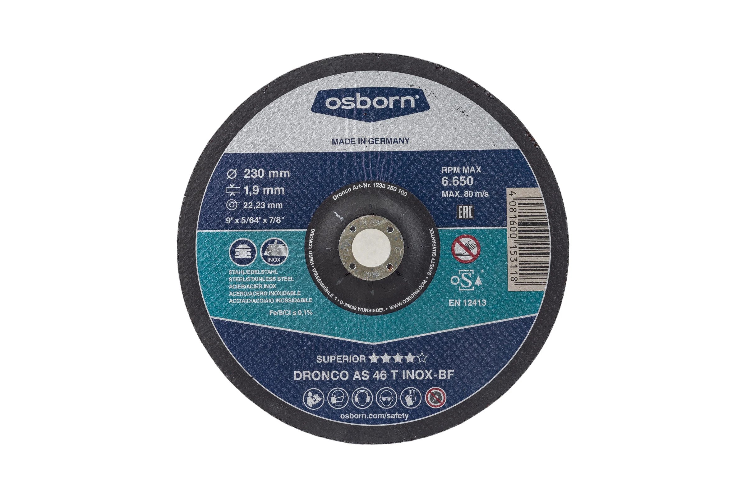 Диск отрезной по нержавейке Superior AS46T INOX (230x1.9x22.23 мм) DRONCO 1233250100