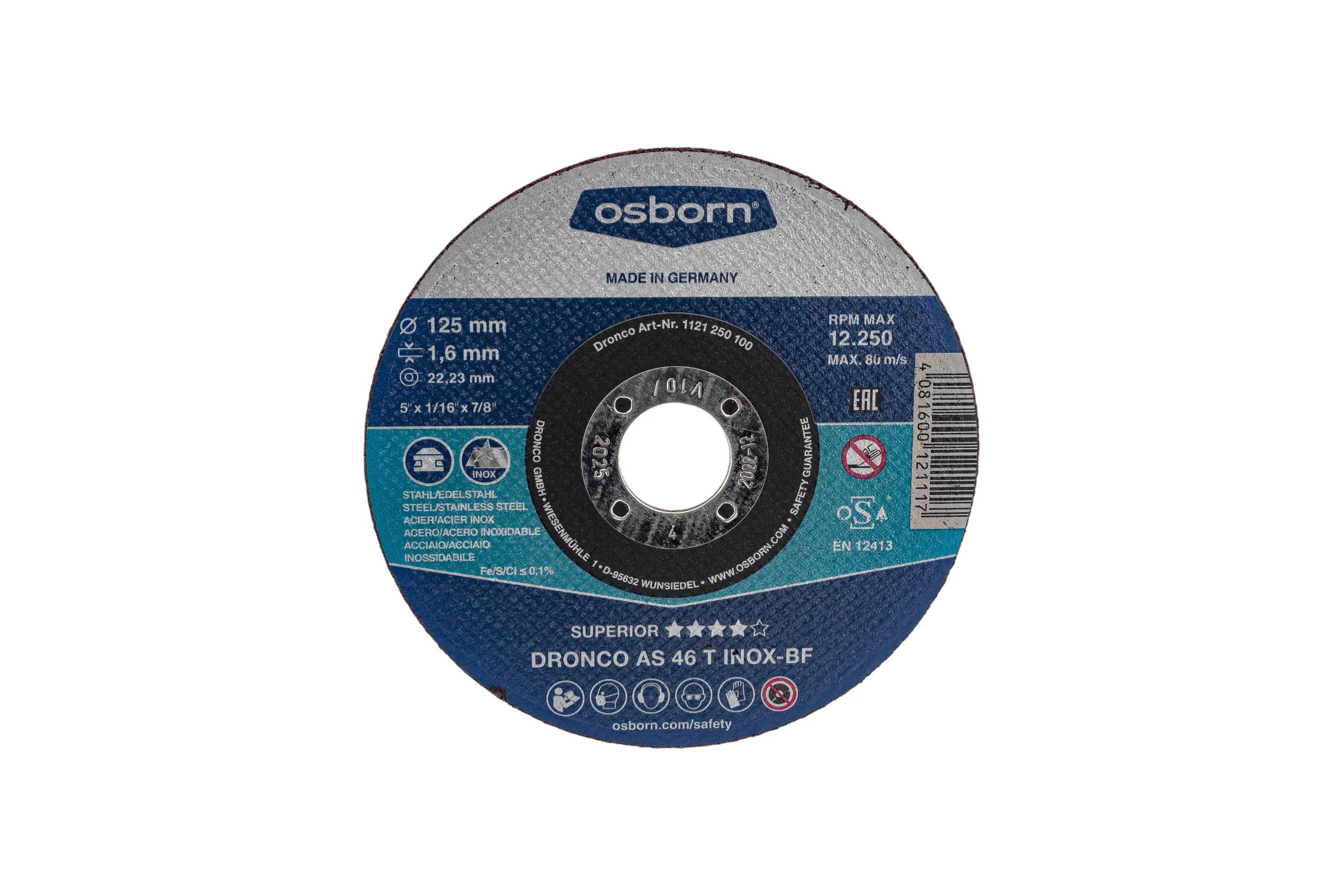 Диск отрезной по нержавейке Superior AS46T INOX (125x1.6x22.23 мм) DRONCO 1121250100