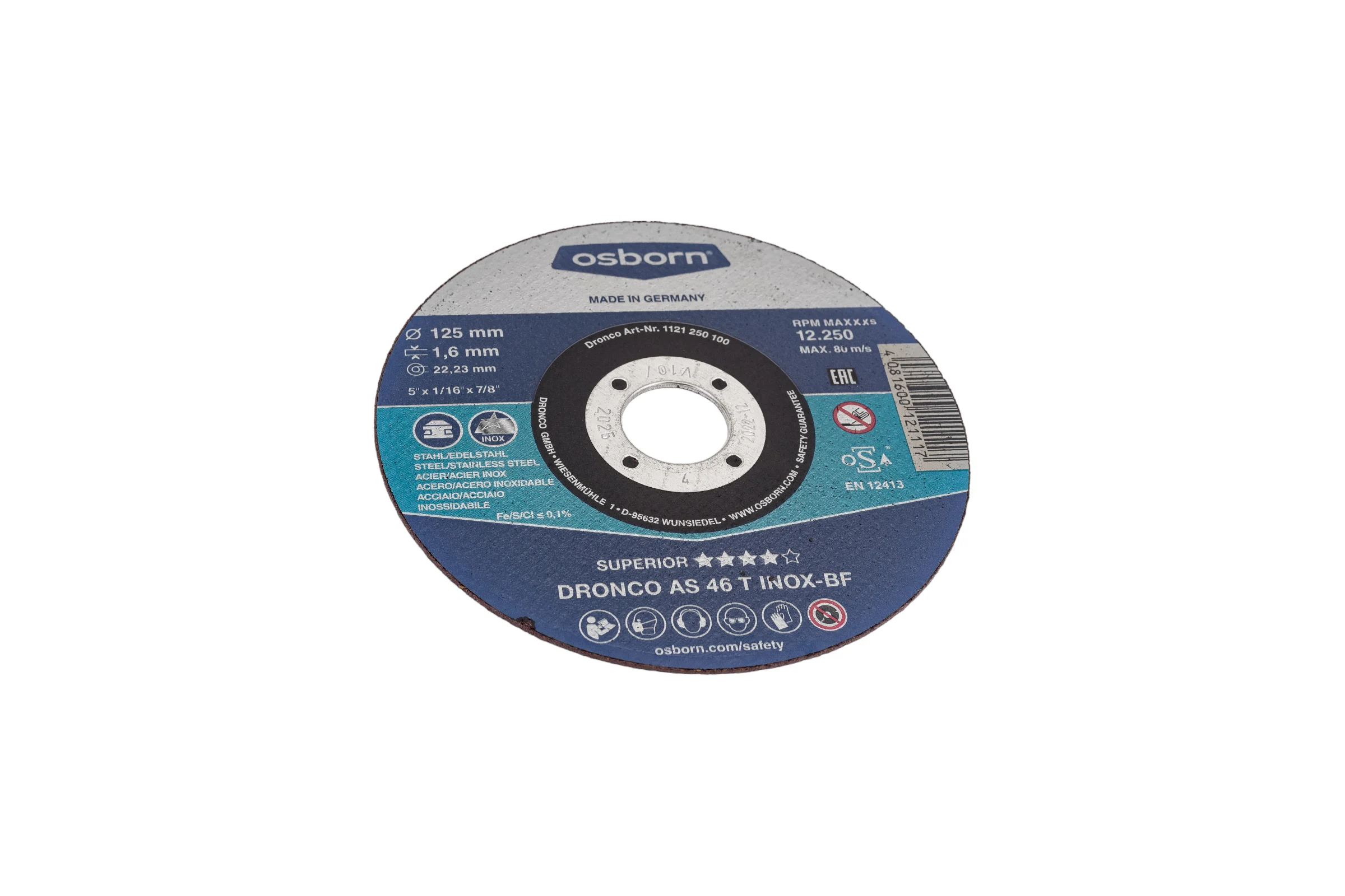 Диск отрезной по нержавейке Superior AS46T INOX (125x1.6x22.23 мм) DRONCO 1121250100