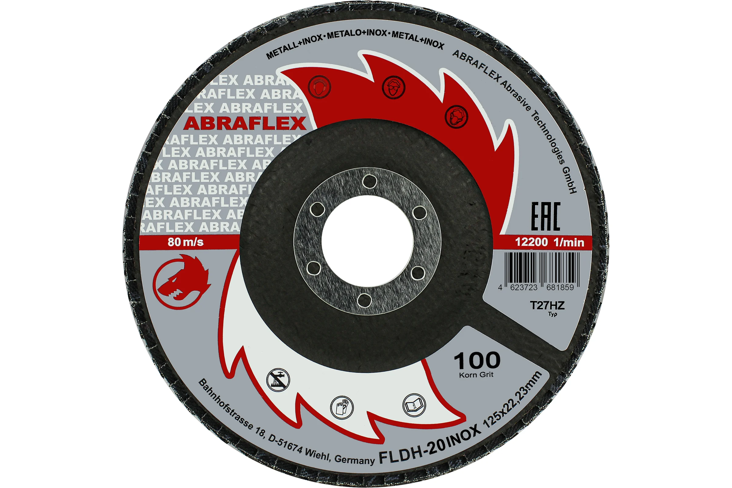 Круг лепестковый торцевой КЛТ1, 125x22.23 мм, P100, по нержавеющей стали Abraflex FLDH20INOX125P100