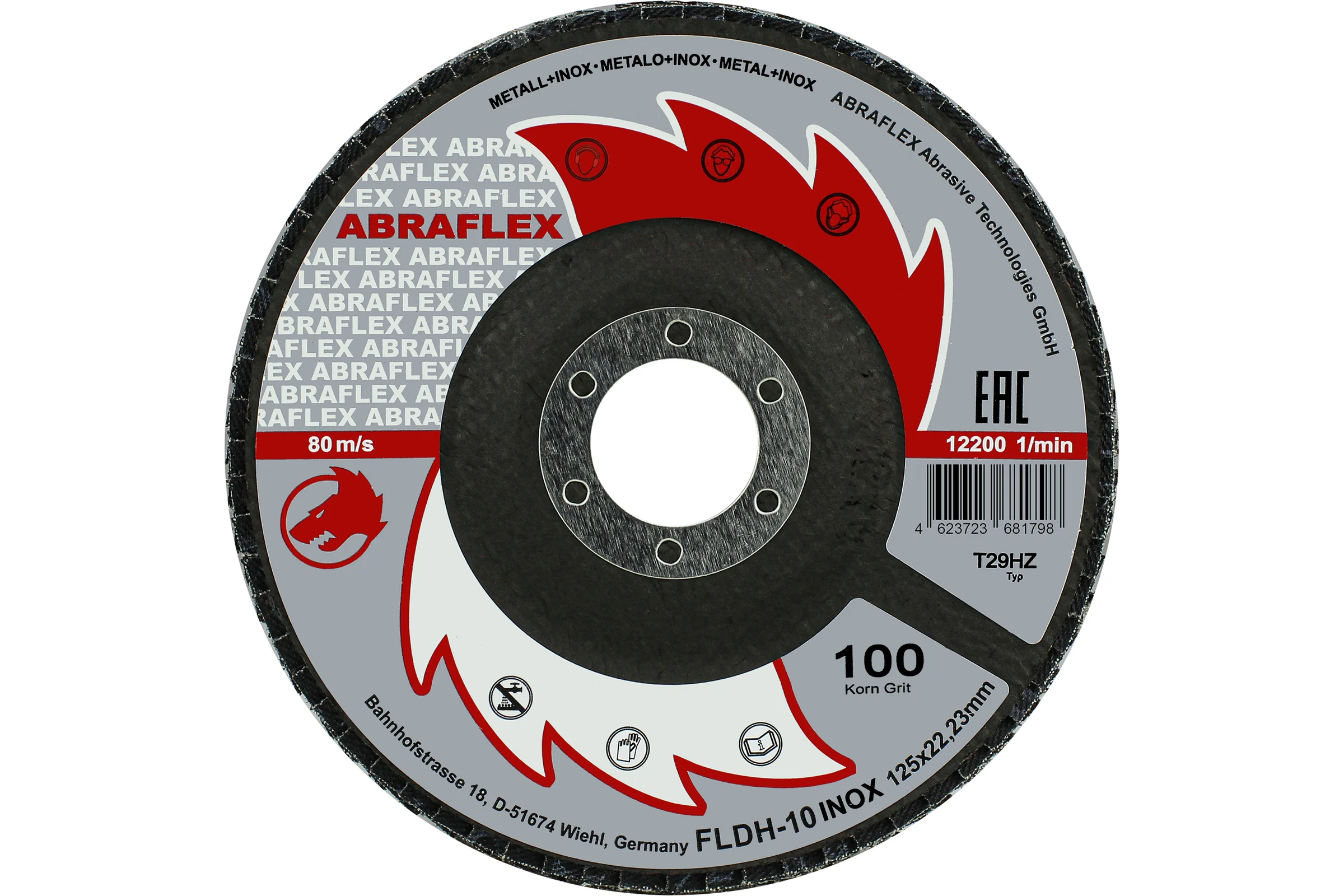 Круг лепестковый торцевой КЛТ2 125x22.23 мм, Р100, по нержавеющей стали Abraflex FLDH10INOX125P100