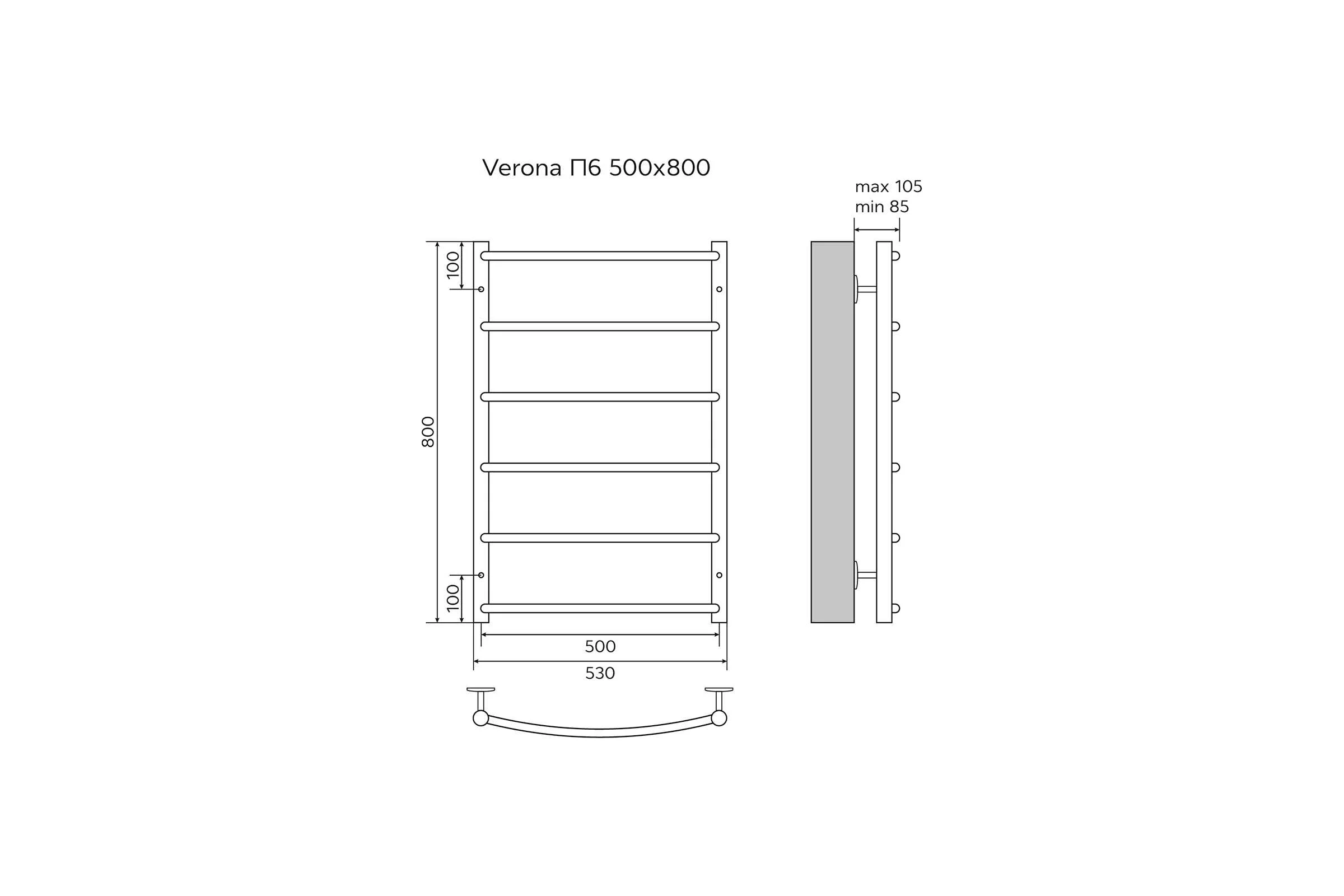 Водяной полотенцесушитель Azario VERONA 500/800 6 перекладин, 1"-1/2", полированный 00088179