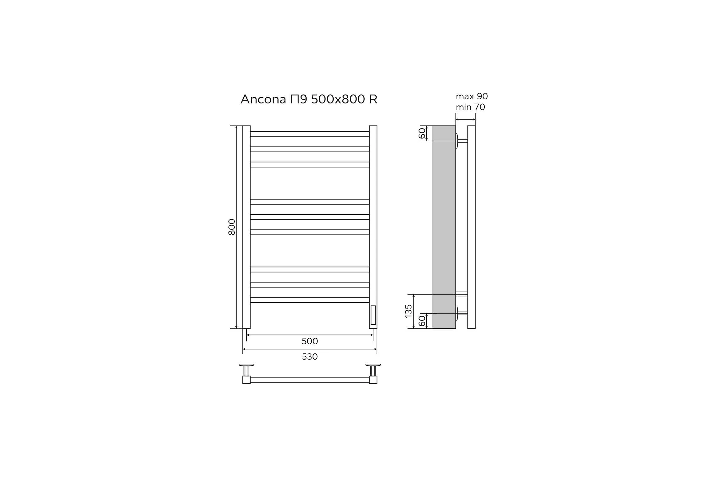 Электрический полотенцесушитель Azario ANCONA 500/800 белый, R, 9 квадратных перекладин 00088199