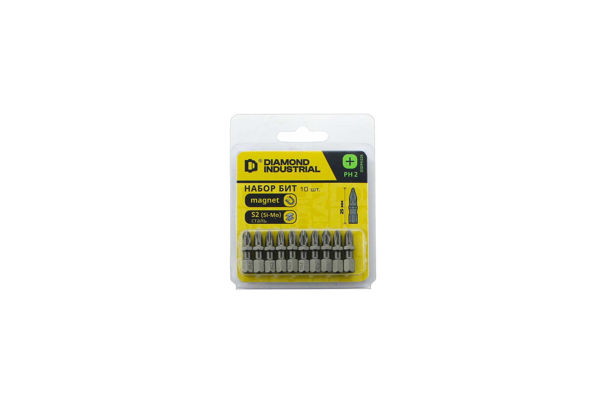 Биты магнитные PH2, 25 мм, 10 штук, S2 закаленные Diamond Industrial DIDPH225