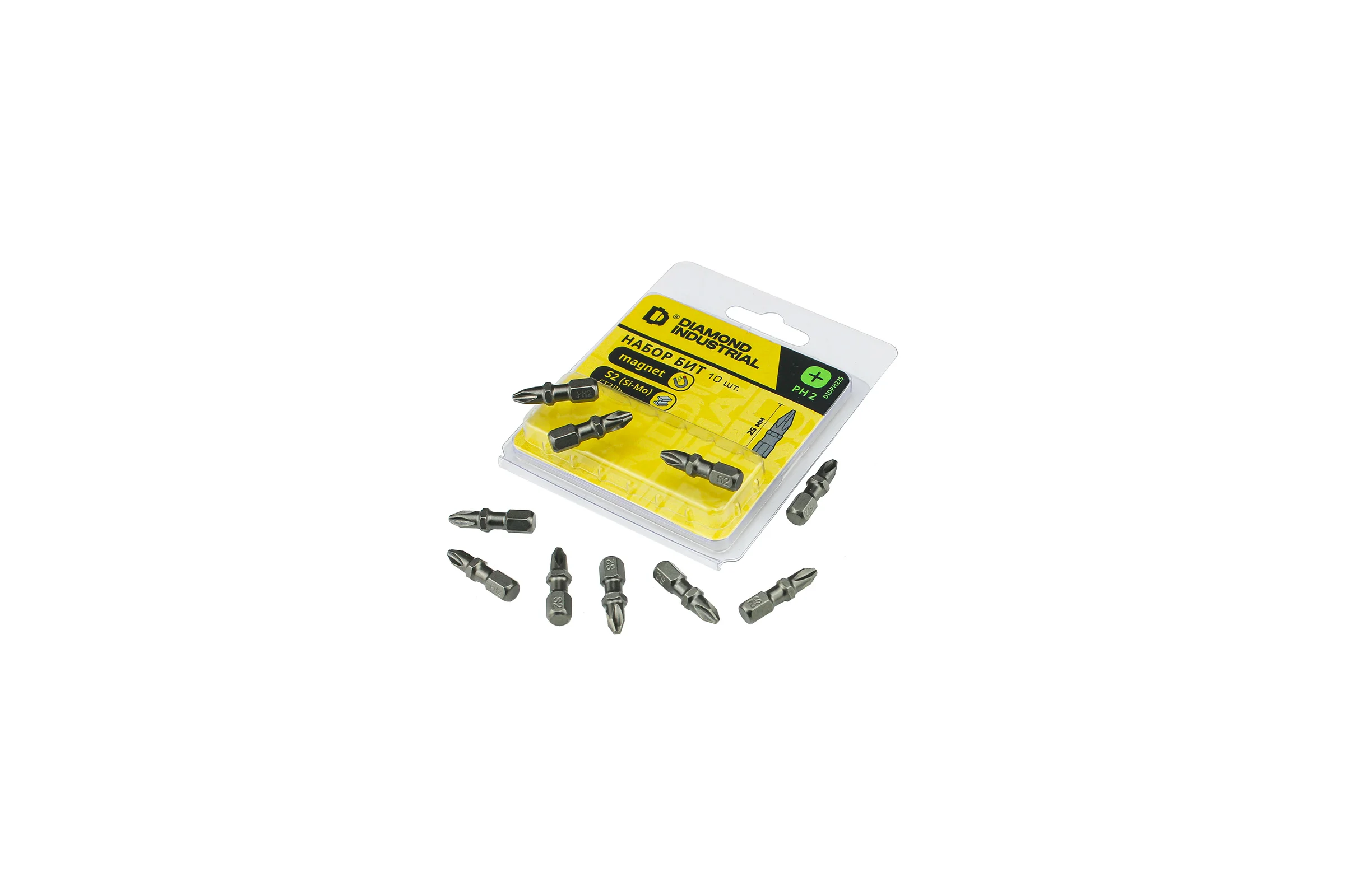 Биты магнитные PH2, 25 мм, 10 штук, S2 закаленные Diamond Industrial DIDPH225