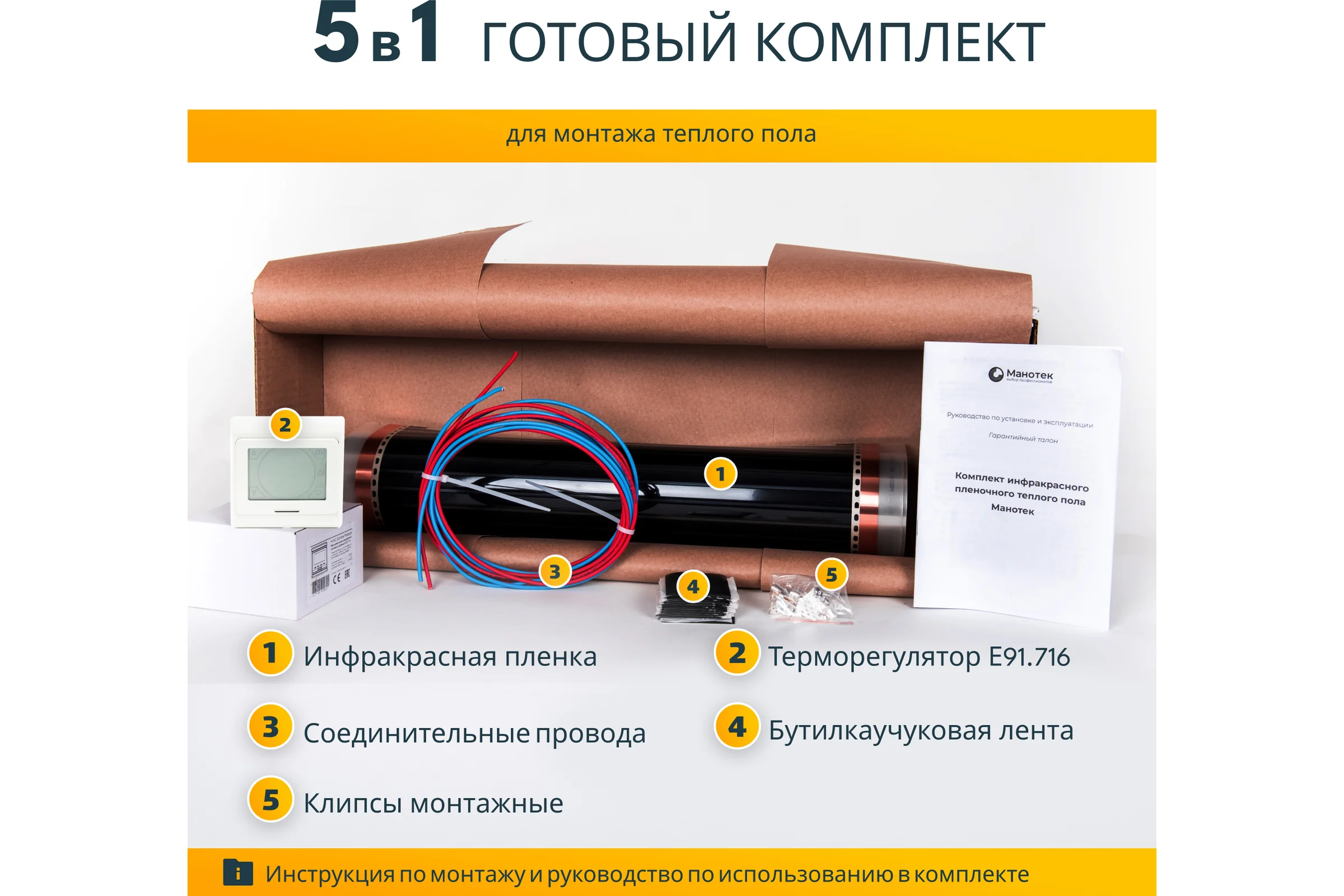 Комплект теплого пола с сенсорным программируемым терморегулятором Манотек 3 м² infra_3_e91