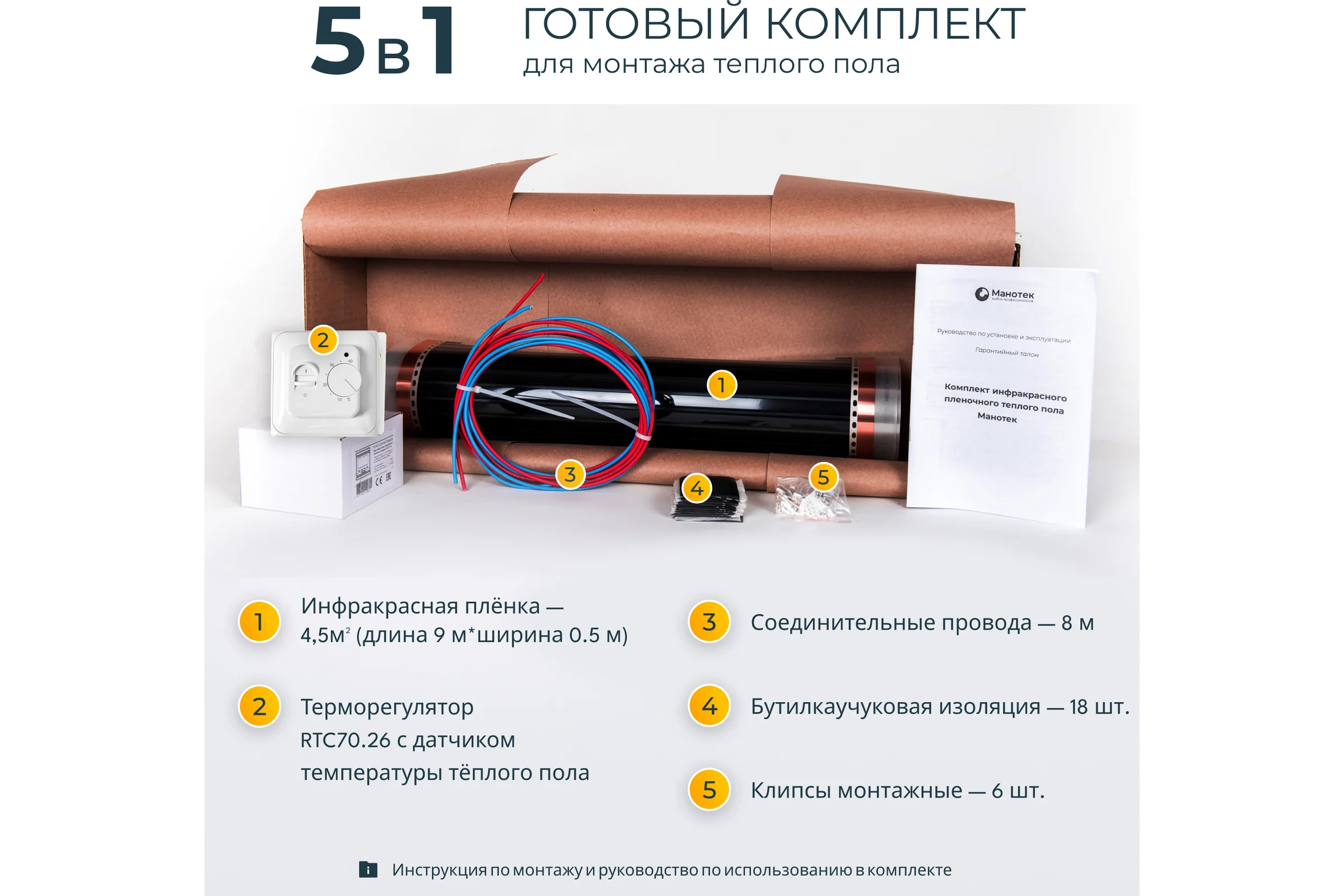 Комплект теплого пола с механическим терморегулятором Манотек 4,5 м² infra_pol_4.5