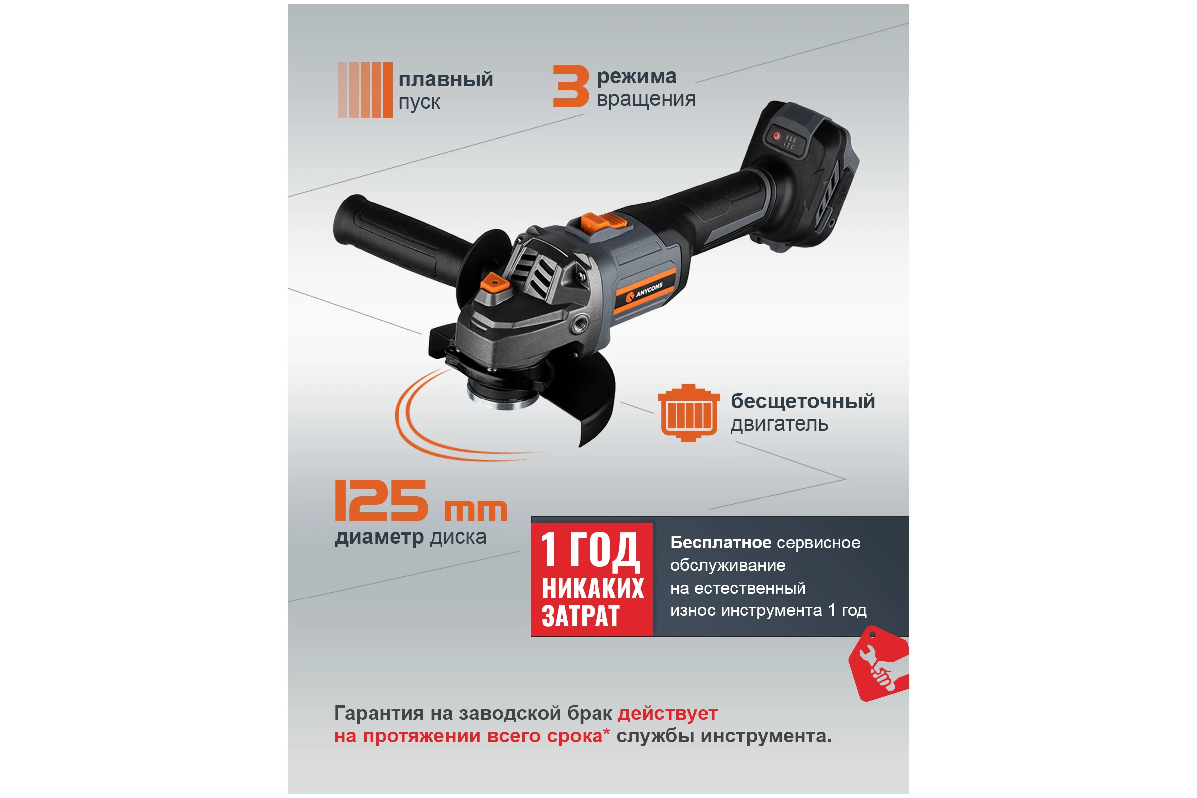 Бесщеточная УШМ Anycons 125м, 21В, 8500 об/мин, JM-125S без акб, JM-1250 5093479