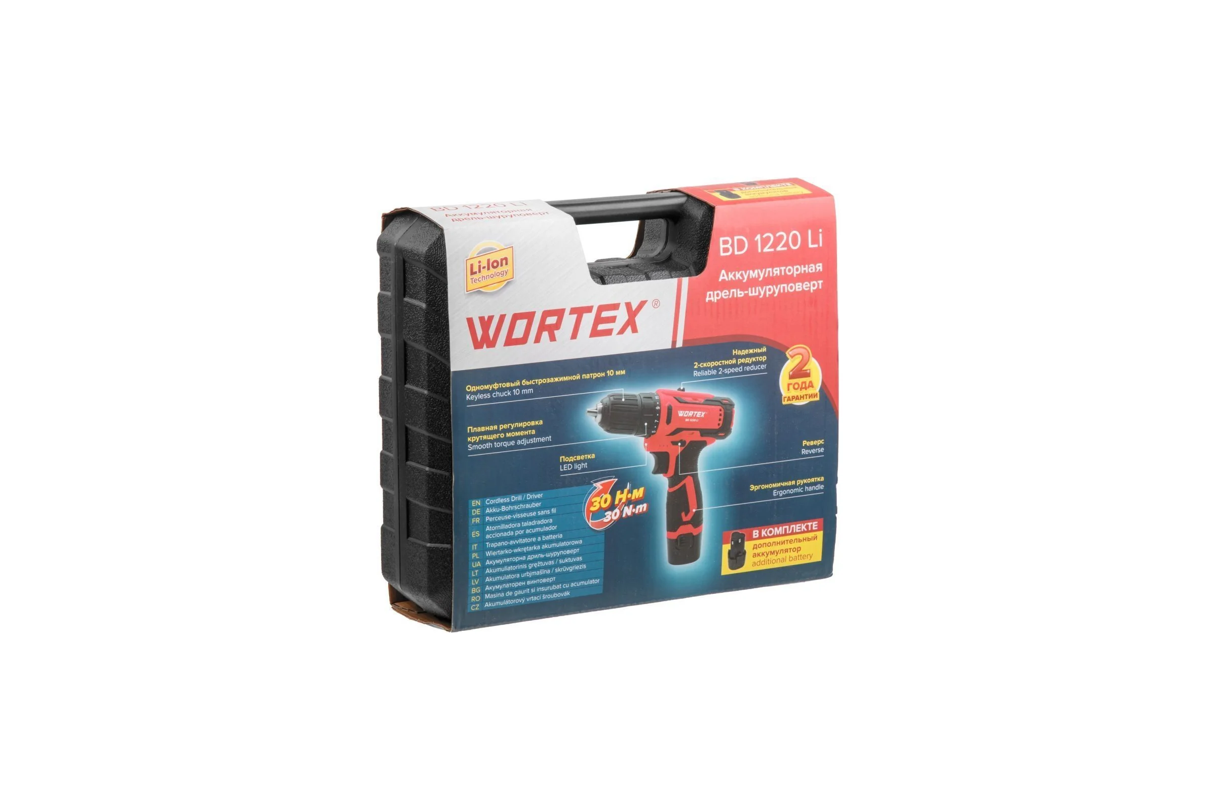 Аккумуляторная дрель-шуруповерт WORTEX BD 1220 Li в чемодане 12 В, 30 Нм, 2x1.5 А/ч, БЗП 10 мм 1329356