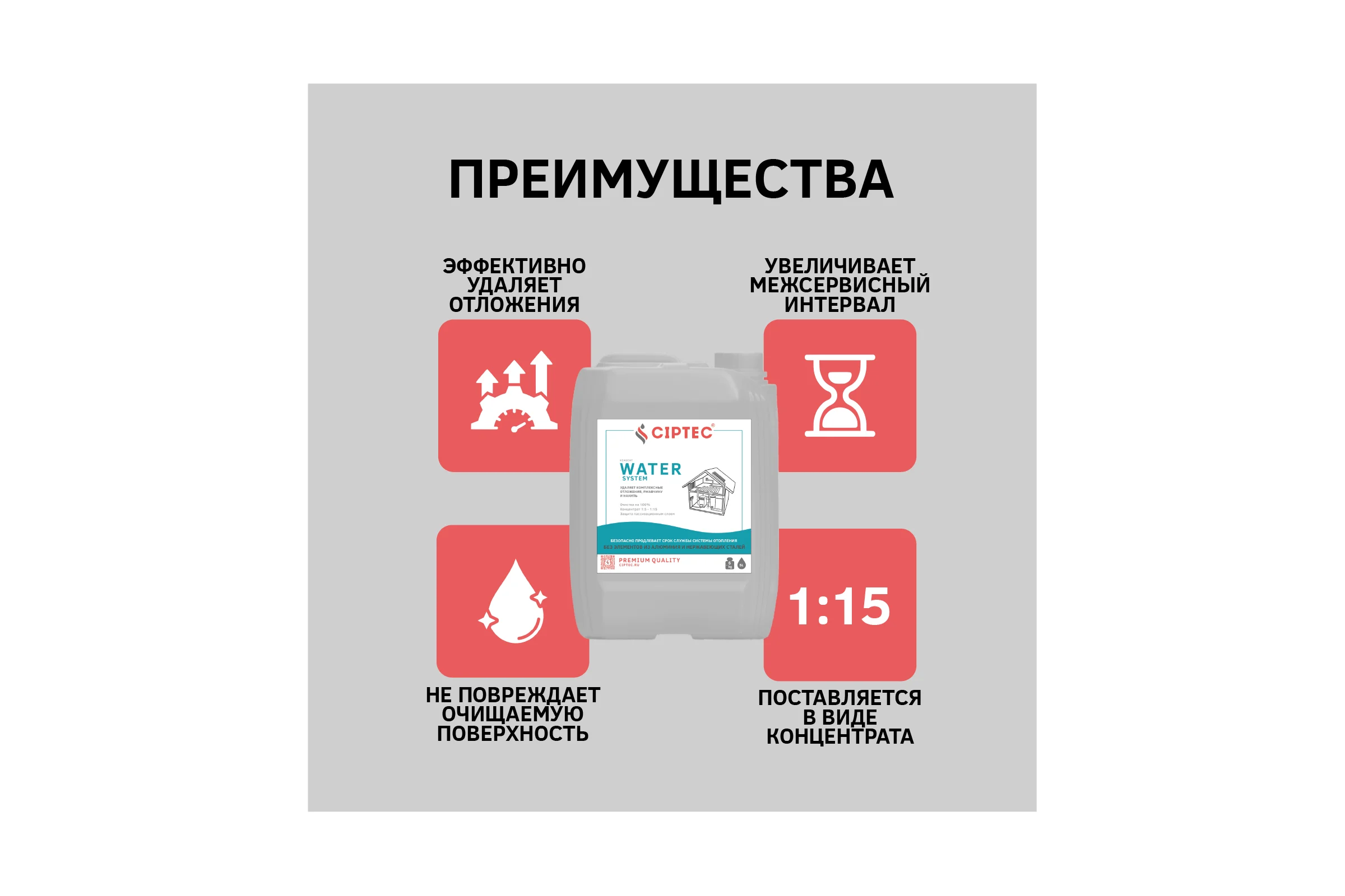 Средство CIPTEC WATER SYSTEM для промывки системы отопления без элементов из алюминия и нержавеющих сталей от комплексных отложений, накипи и ржавчины, 5 л. (6кг.) ciptecwatersystem5