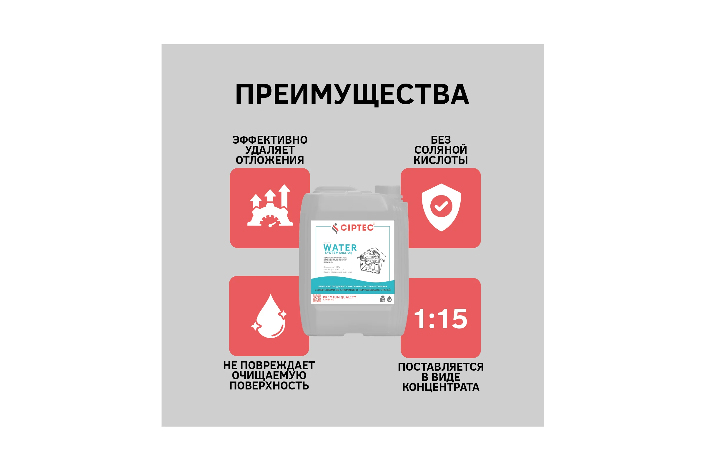Средство CIPTEC WATER SYSTEM (AISI/AI) для промывки системы отопления с элементами из алюминия и нержавеющих сталей от комплексных отложений, накипи и ржавчины, 10 л. (14 кг.) ciptecwatersystemaisiai10