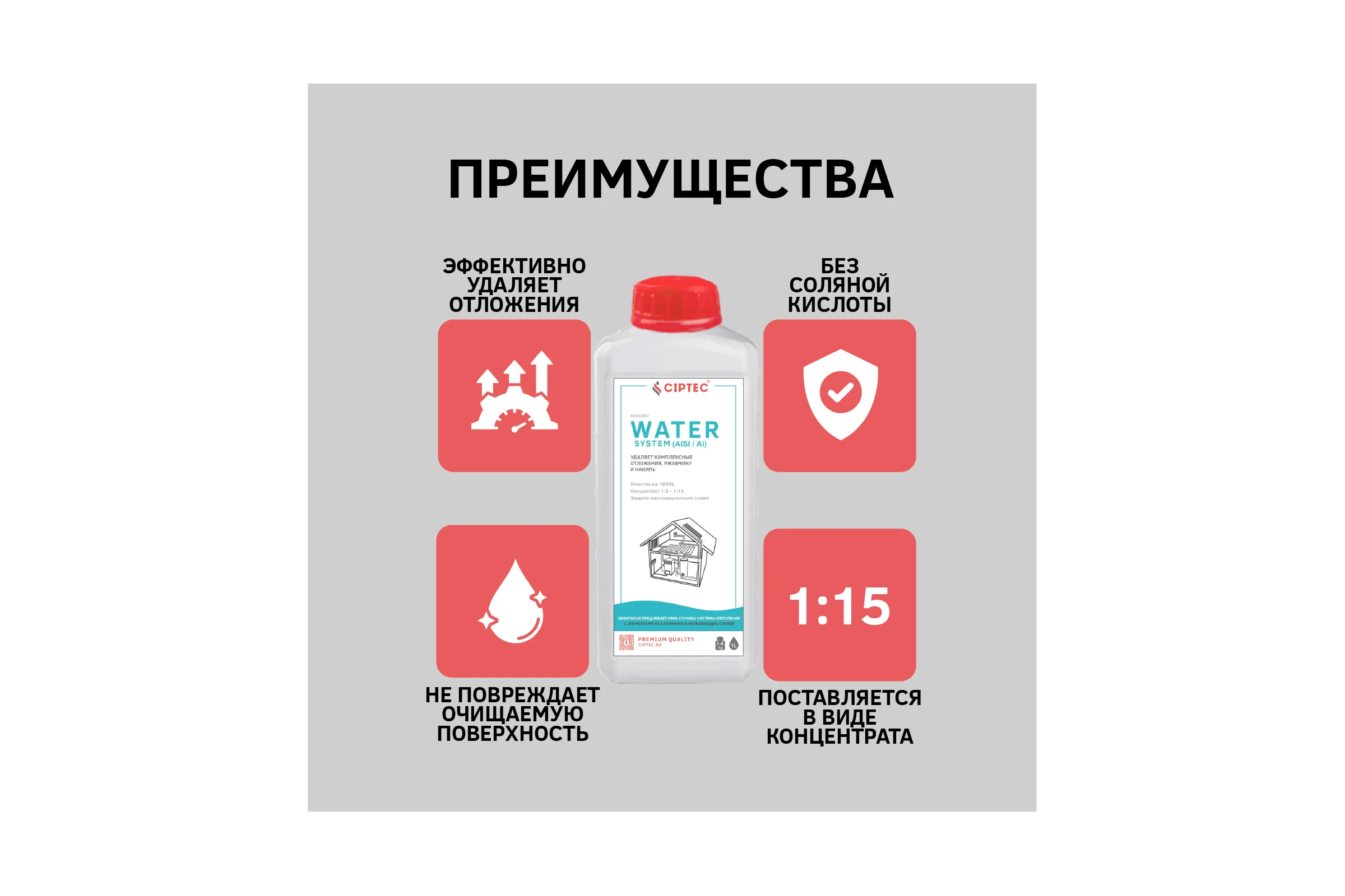 Средство CIPTEC WATER SYSTEM (AISI/AI) для промывки системы отопления с элементами из алюминия и нержавеющих сталей от комплексных отложений, накипи и ржавчины, 1 л. (1,4 кг.) ciptecwatersystemaisiai1