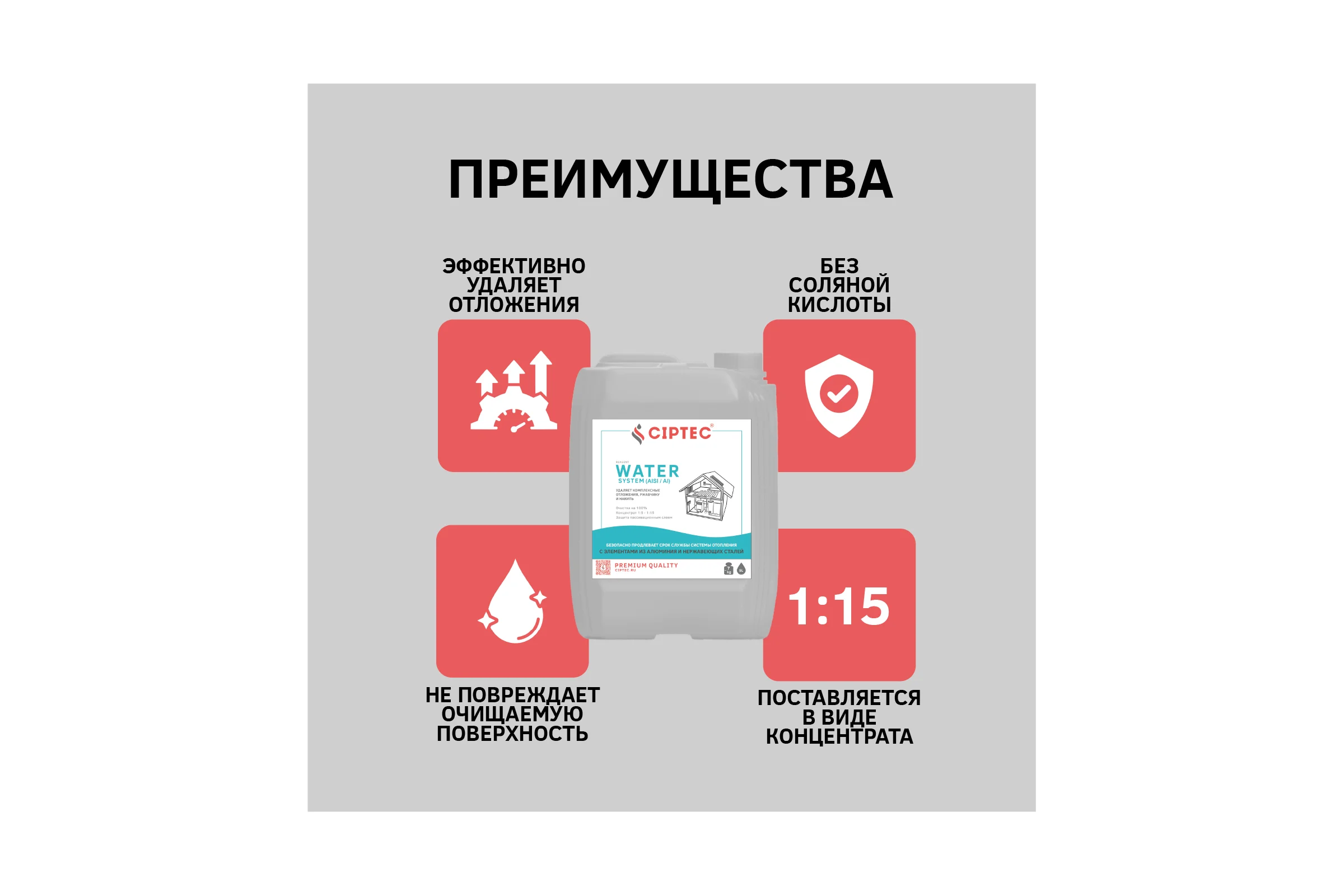 Средство CIPTEC WATER SYSTEM (AISI/AI) для промывки системы отопления с элементами из алюминия и нержавеющих сталей от комплексных отложений, накипи и ржавчины, 5 л. (7 кг.) ciptecwatersystemaisiai5