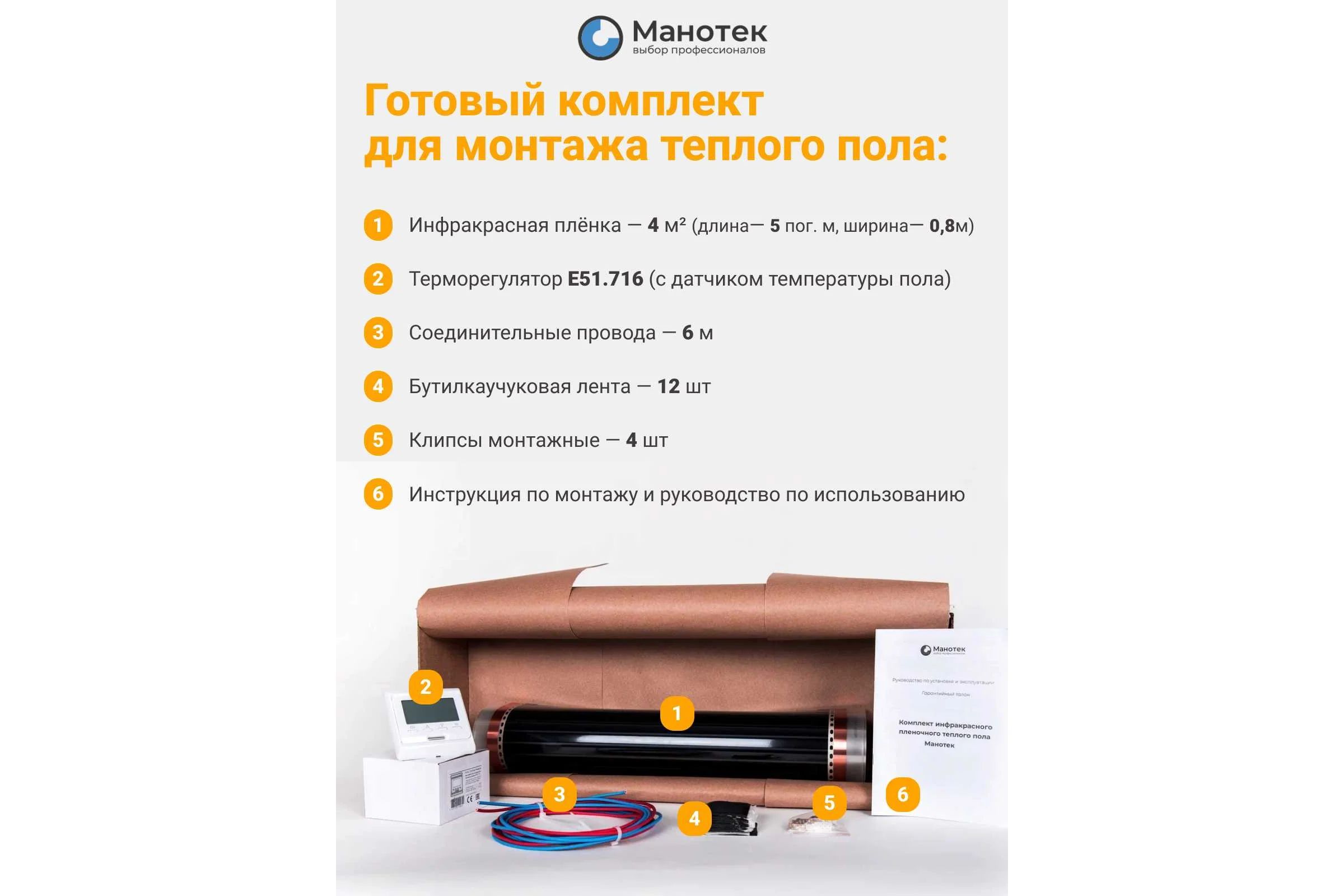Теплый пол электрический инфракрасный Манотек с программируемым терморегулятором, 4 м² infra_pol_80_5_E51