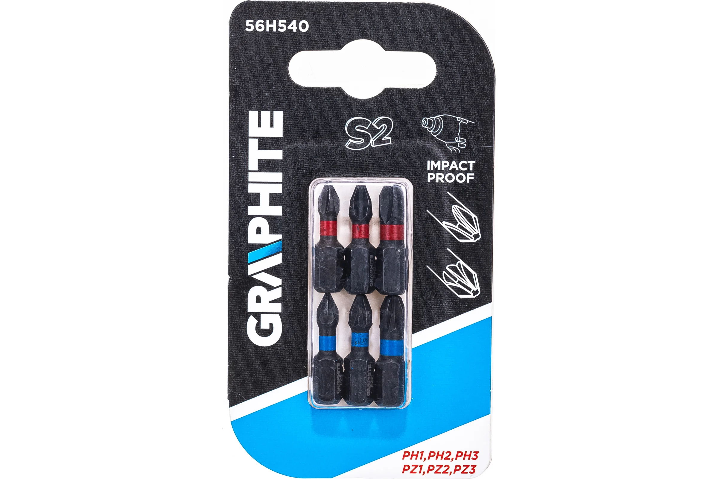Биты ударные Graphite PH1/2/3 PZ1/2/3 x 25 мм 1/4" S2 6 шт. 56H540