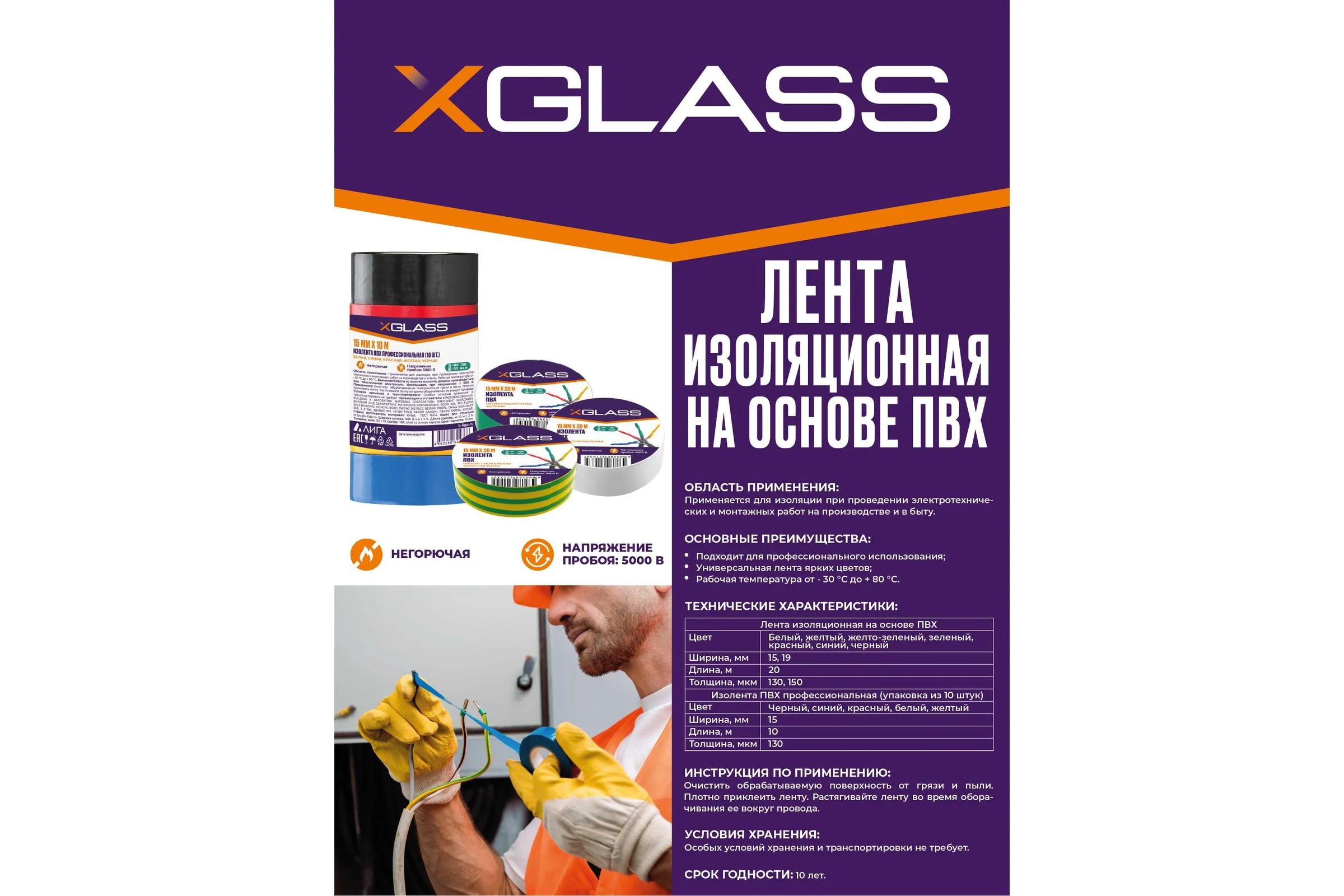 Изолента XGLASS 15 мм, 20 м черная 160151