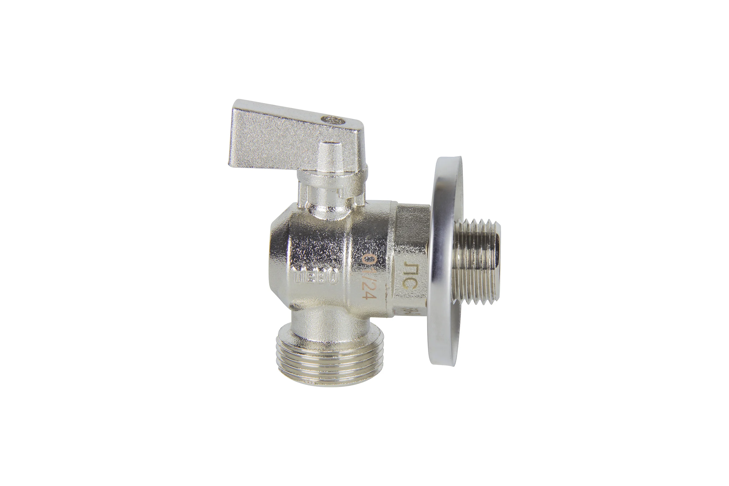 Кран шаровой для стиральной машины угловой TEBO НАР/НАР 1/2"х3/4" с отражателем T-КШ.С.555.1234.ХР.CN
