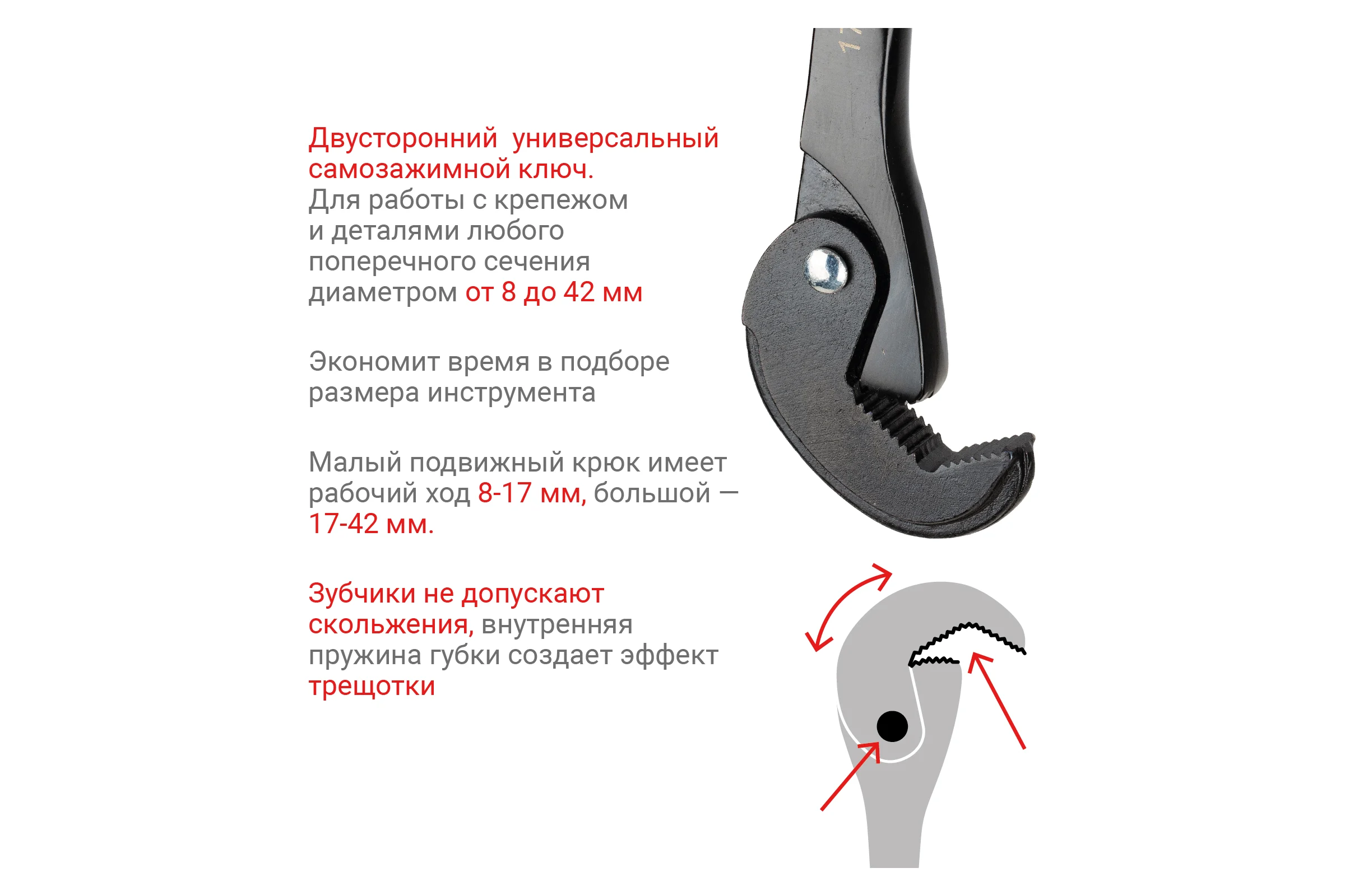 Универсальный ключ VIRA самозажимной, 8-42 мм 444004