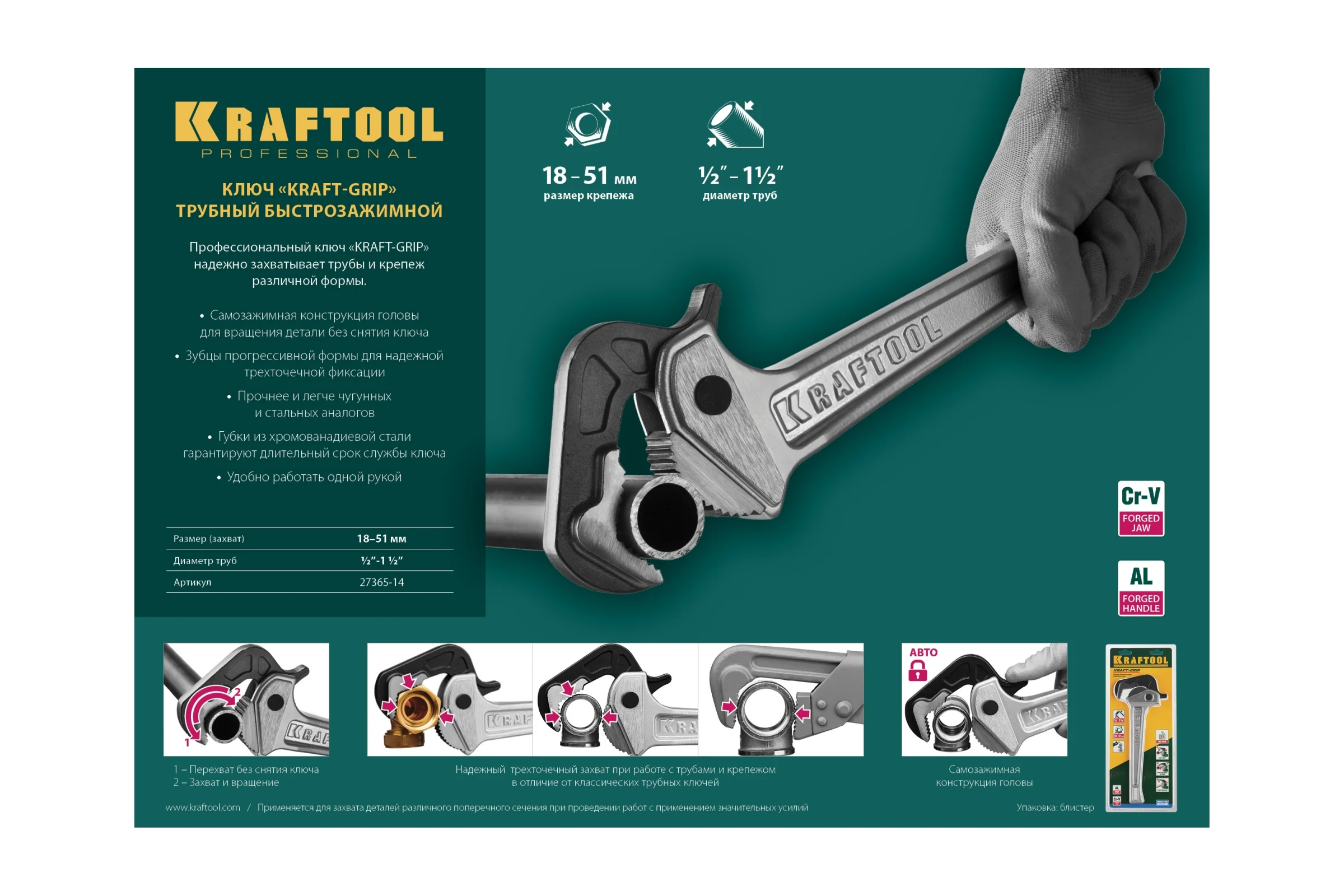 Трубный ключ KRAFTOOL MASTERGRIP быстрозажимной, 1/2-2 27365-14