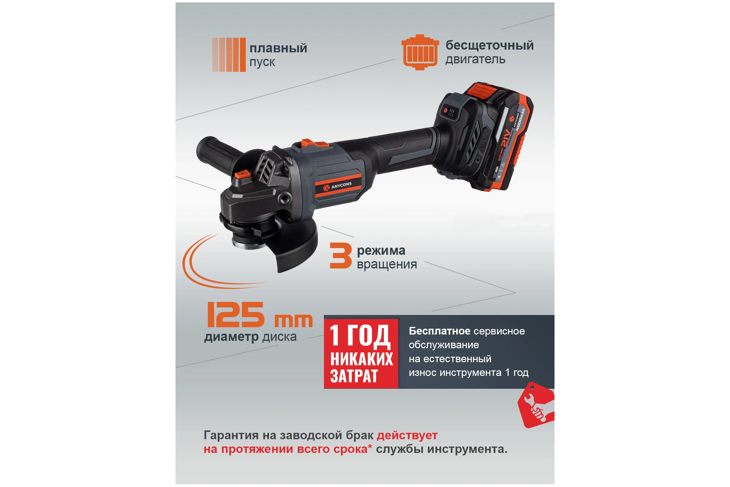 Бесщеточная УШМ Anycons 125м, 21В, 8500 об/мин, 1 акб, JM-1251 5345424