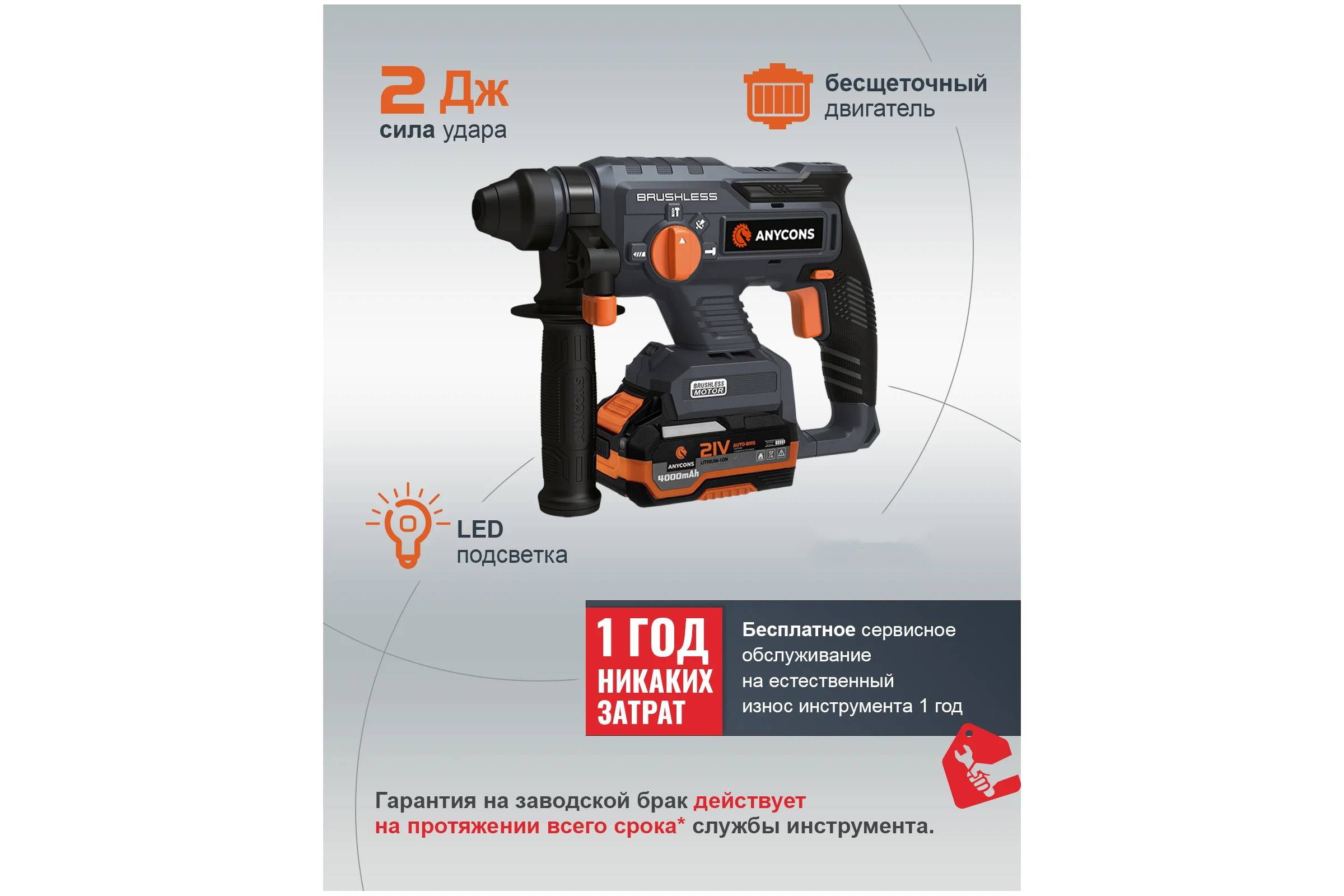 Бесщеточный перфоратор Anycons AC-H408 SDS+, 2 Дж, 21В, 1 акб, AC-H4081 5345431