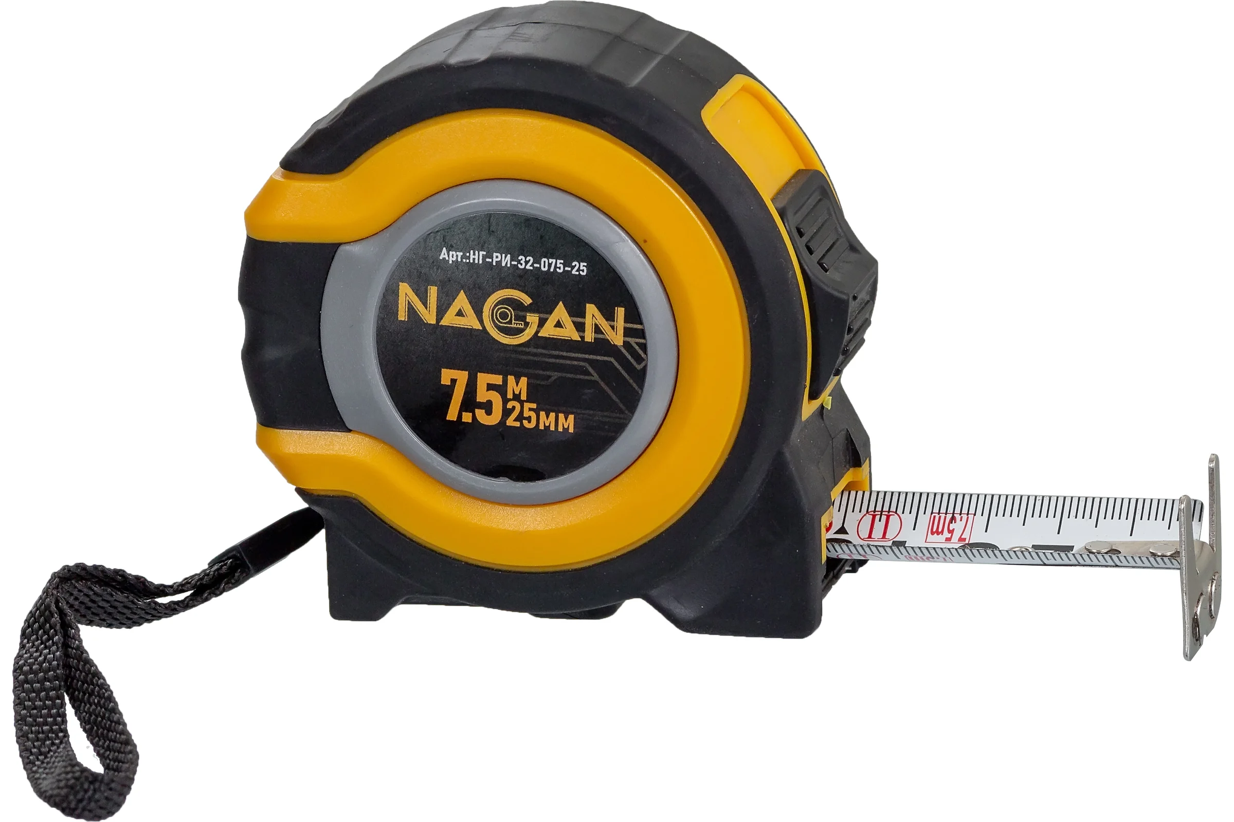 Рулетка NAGAN 7.5м*25мм, пластик АБС, прорезиненная, 2-сторонняя НГ-РИ-32-075-25