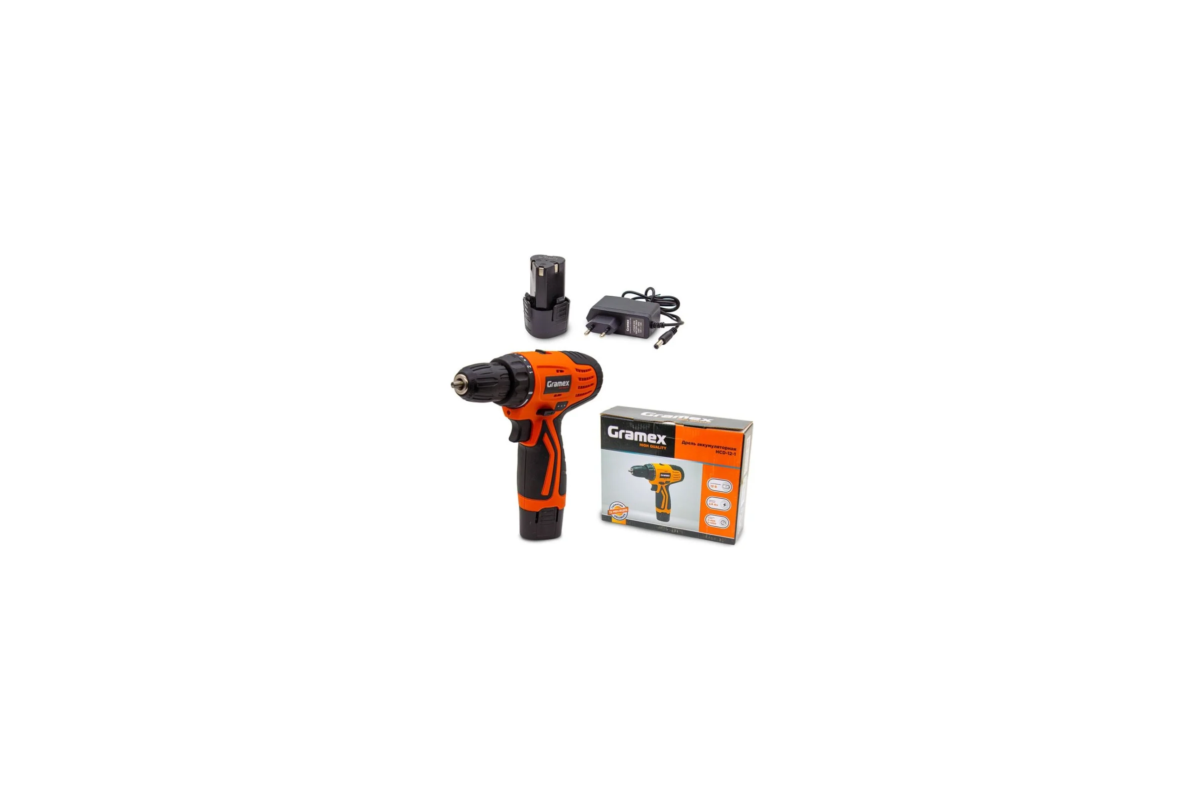 Дрель аккумуляторная Gramex HCD-12-1 (12В, пат-10мм, 2 скорости, аккум Li-Ion 2,0 А/ч) картон, 1 акк (1/20) 018142