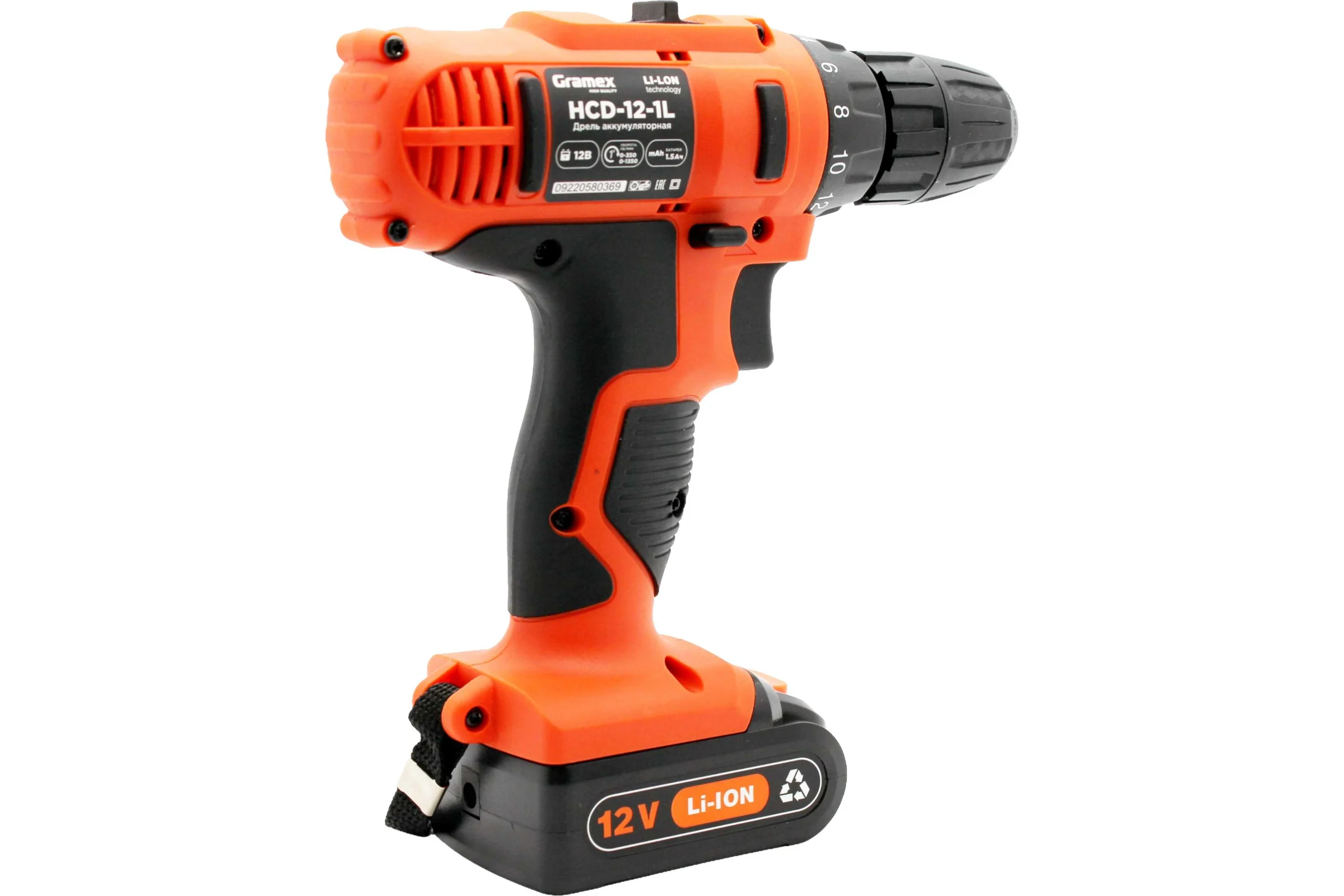 Дрель аккумуляторная Gramex HCD-12-1L (12В,пат-10мм, 2 скорости, аккум. Li, 1.5А/ч) картон, 1 акк (1/10) 014695