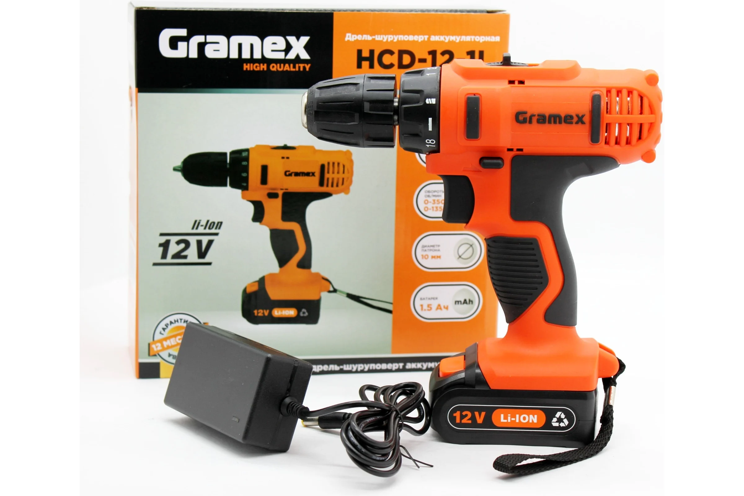 Дрель аккумуляторная Gramex HCD-12-1L (12В,пат-10мм, 2 скорости, аккум. Li, 1.5А/ч) картон, 1 акк (1/10) 014695