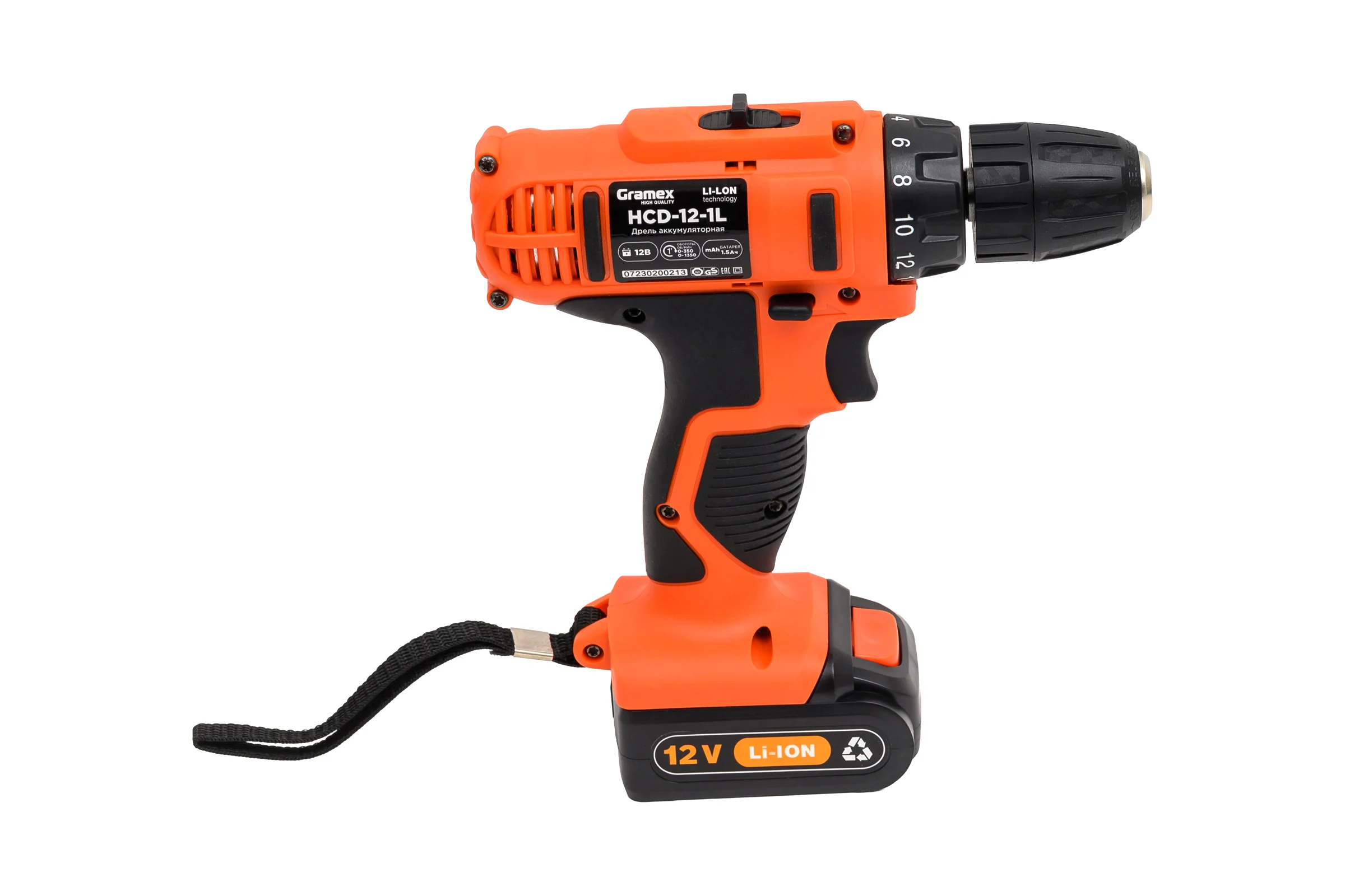 Дрель аккумуляторная Gramex HCD-12-1L (12В,пат-10мм, 2 скорости, аккум. Li, 1.5А/ч) картон, 1 акк (1/10) 014695